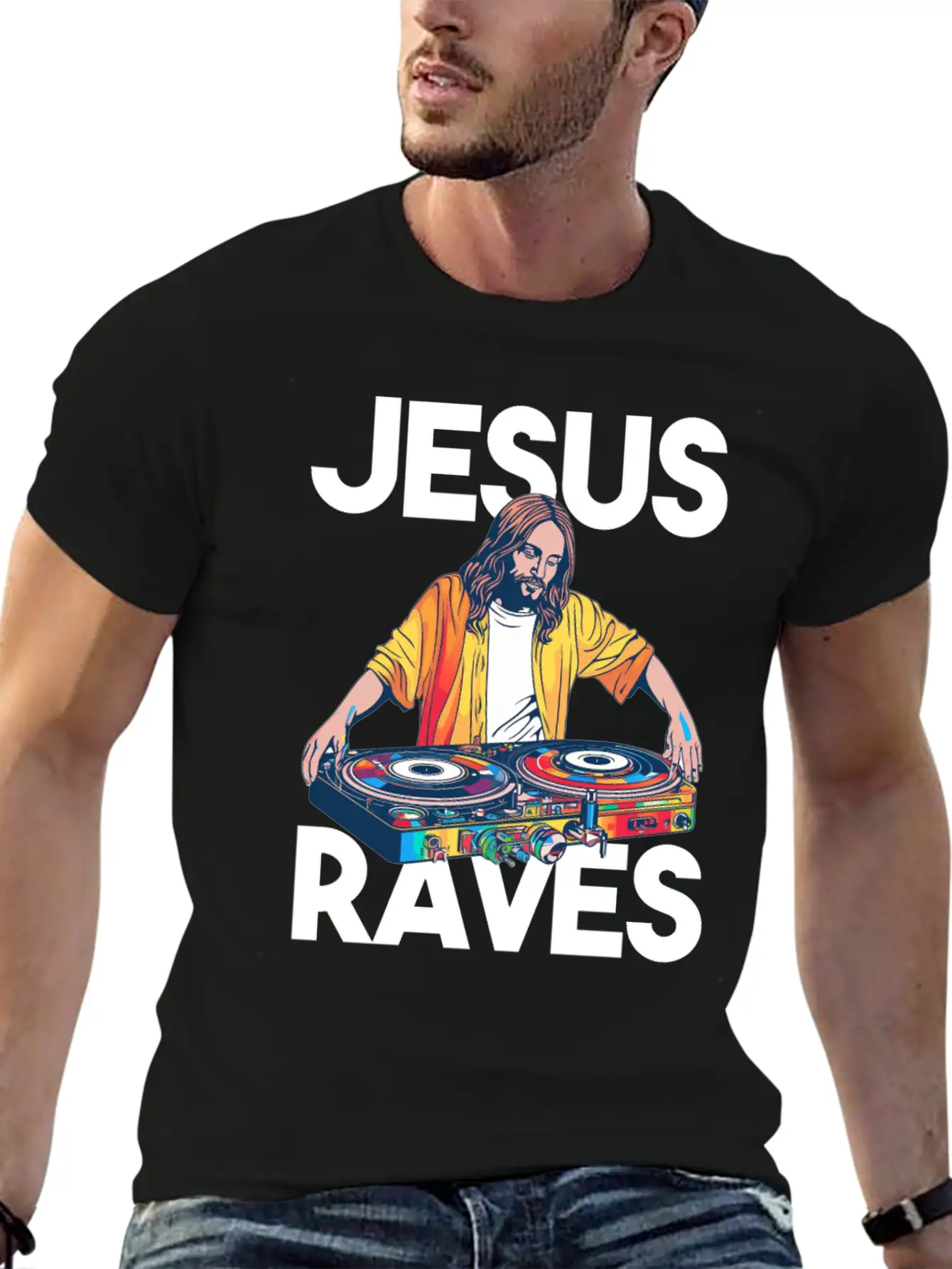 Jesus Raves DJ Rave Techno EDM Party Festival Basic Graphic T-Shirt – Daily Comfort In Soft Cotton