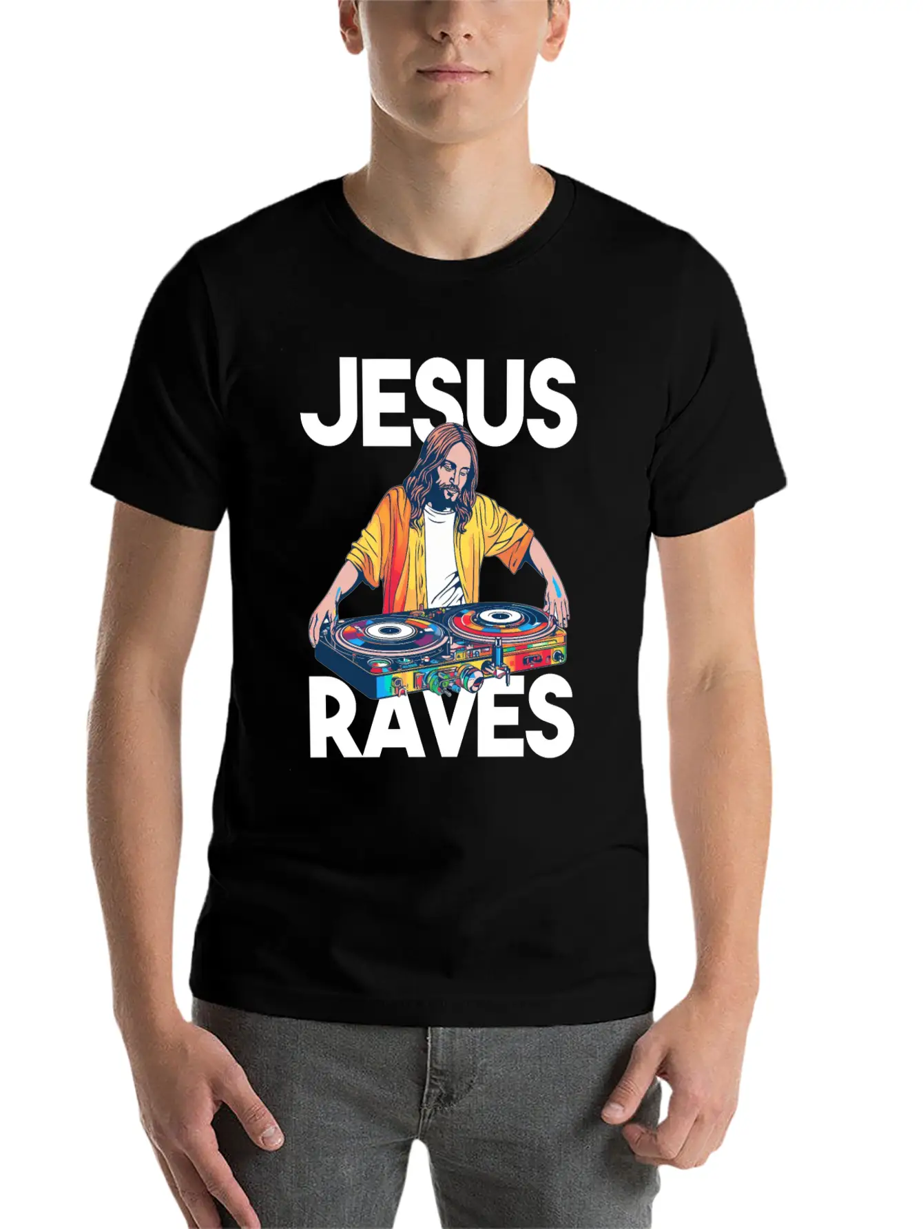 Jesus Raves DJ Rave Techno EDM Party Festival Basic Graphic T-Shirt – Daily Comfort In Soft Cotton