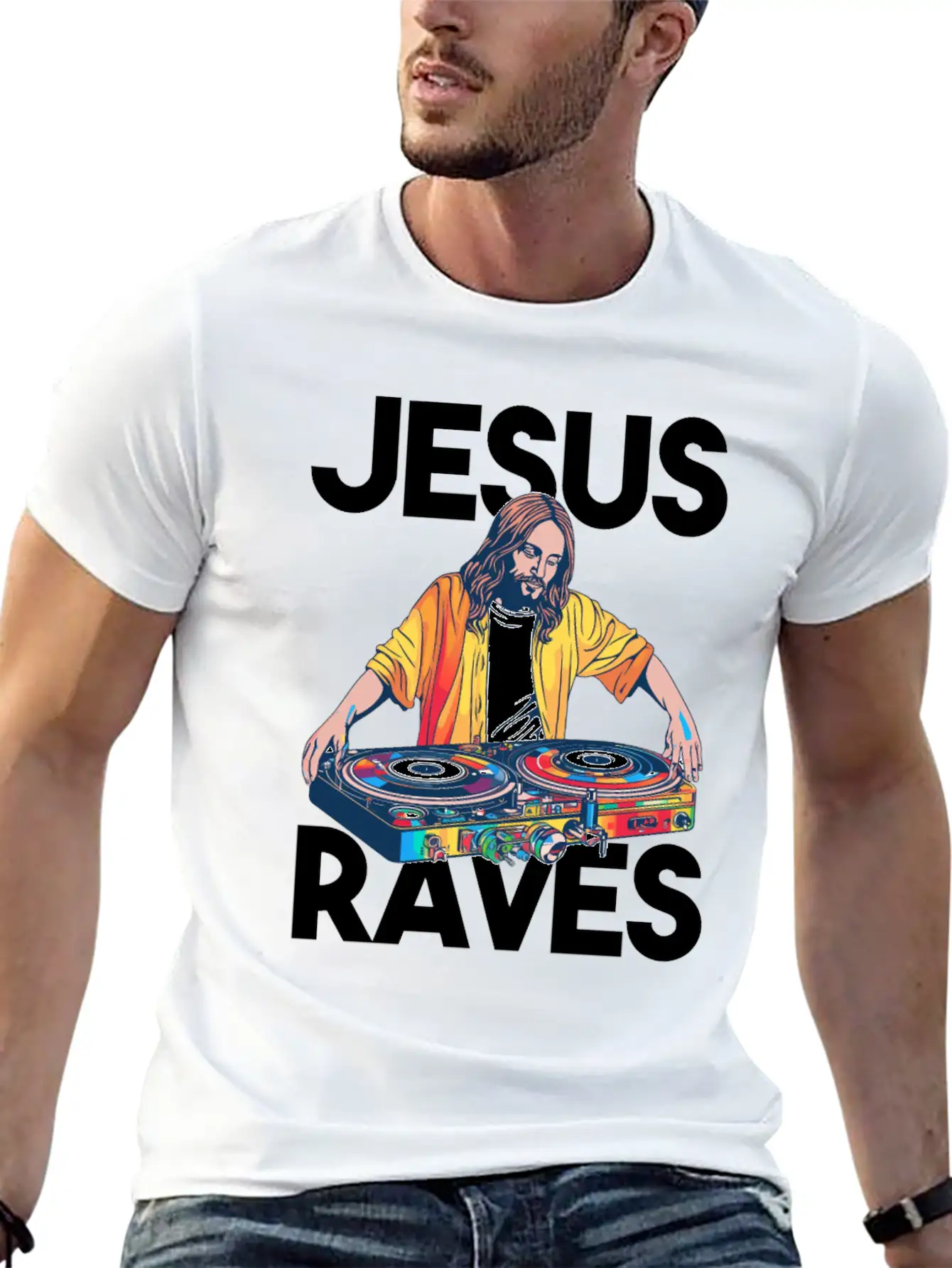 Jesus Raves DJ Rave Techno EDM Party Festival Basic Graphic T-Shirt – Daily Comfort In Soft Cotton