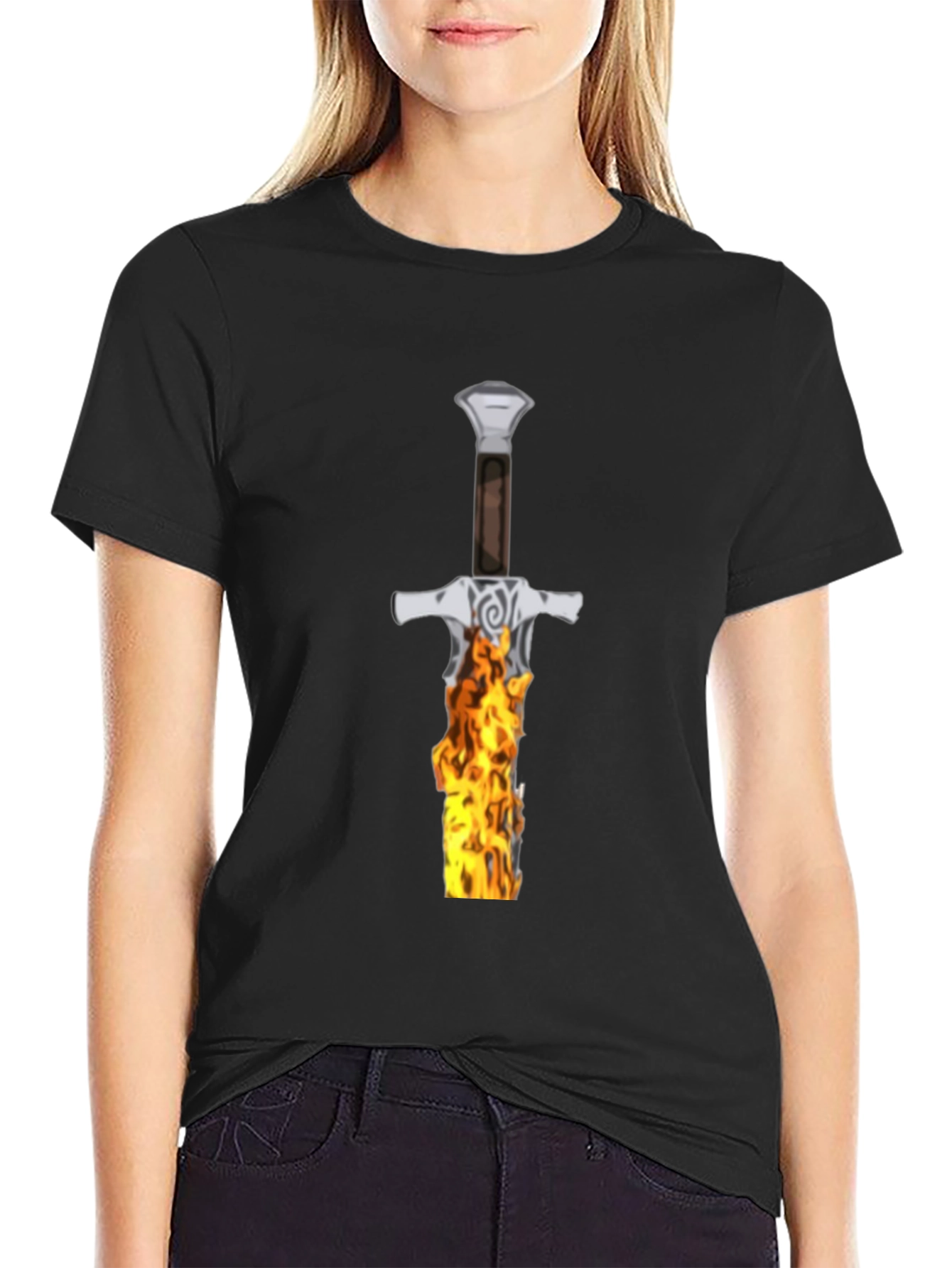 Flaming Sword Graphic Tee - Black Cotton T-Shirt