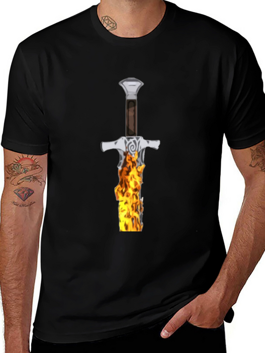 Flaming Sword Graphic Tee - Black Cotton T-Shirt