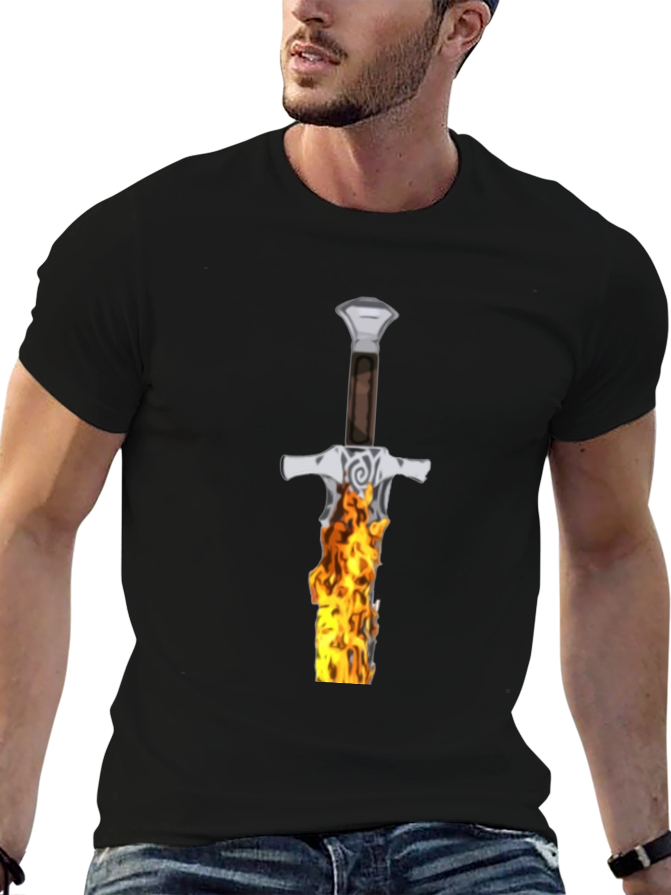 Flaming Sword Graphic Tee - Black Cotton T-Shirt