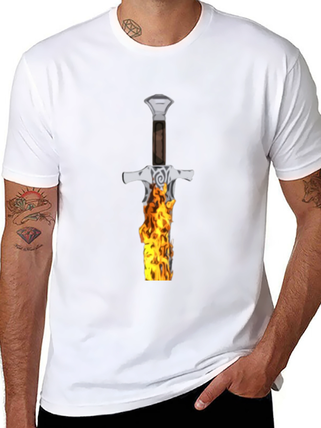Flaming Sword Graphic Tee - Black Cotton T-Shirt