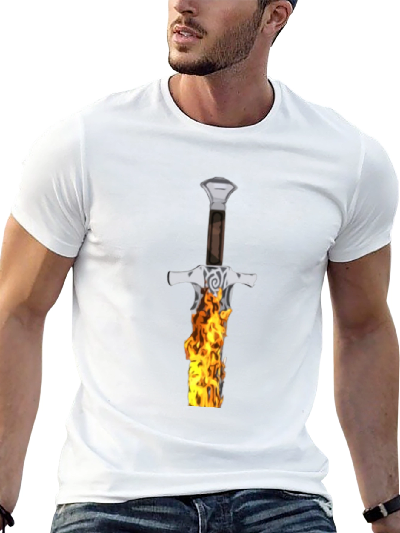 Flaming Sword Graphic Tee - Black Cotton T-Shirt