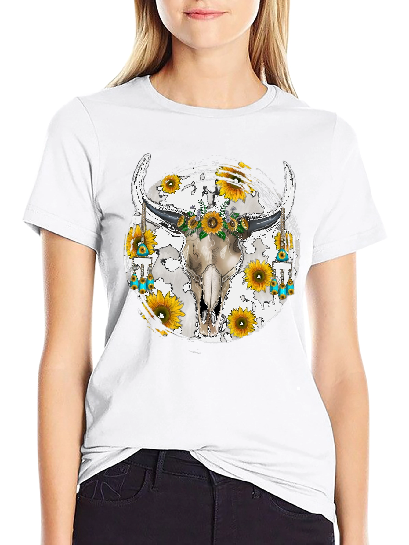 Bull Skull Sunflower Graphic Tee