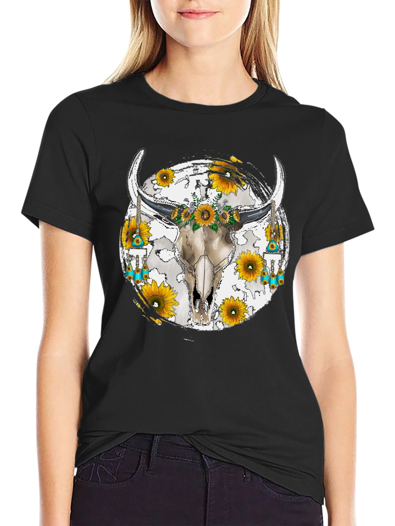 Bull Skull Sunflower Graphic Tee
