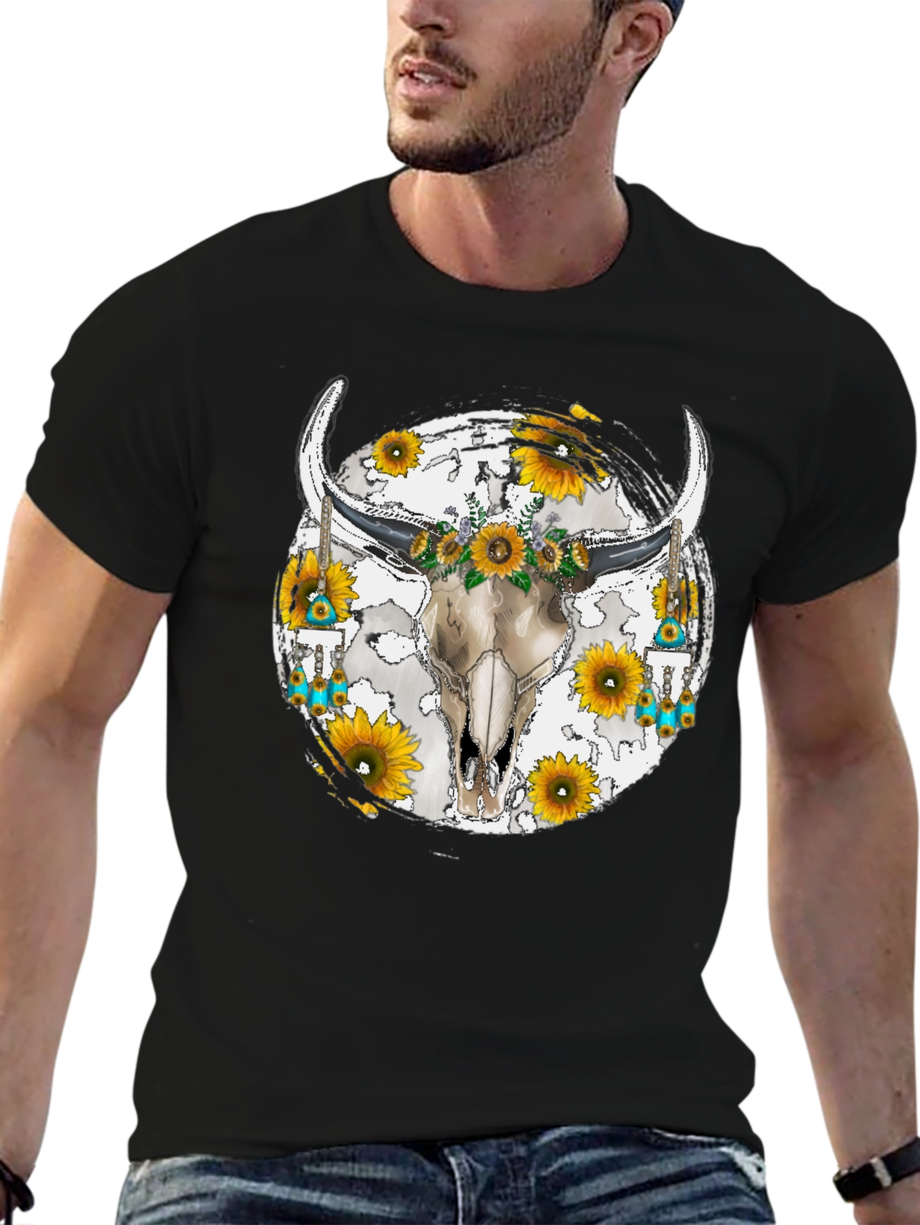 Bull Skull Sunflower Graphic Tee