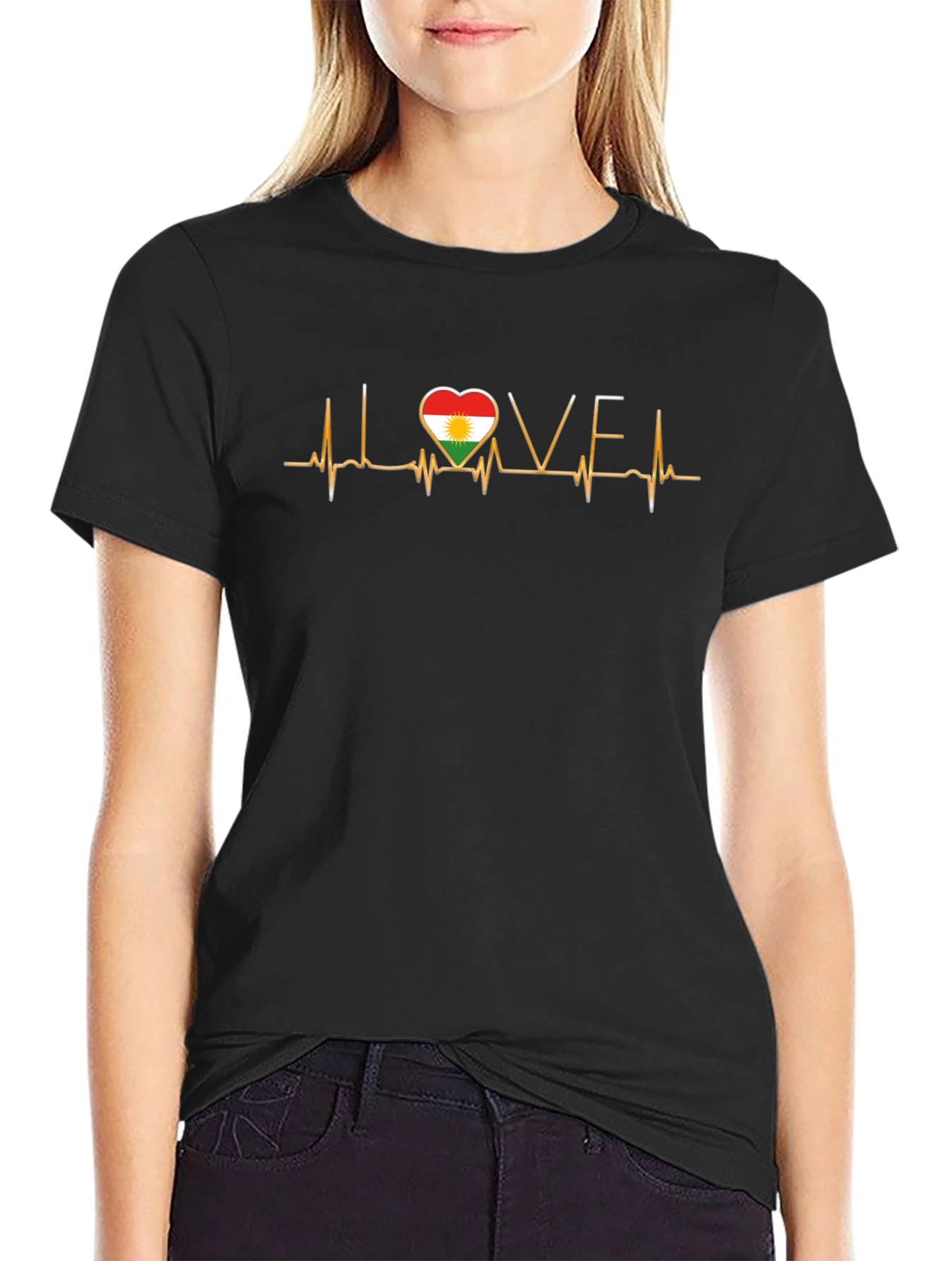 Kurdistan Love Heartbeat T-Shirt - Black Crew Neck