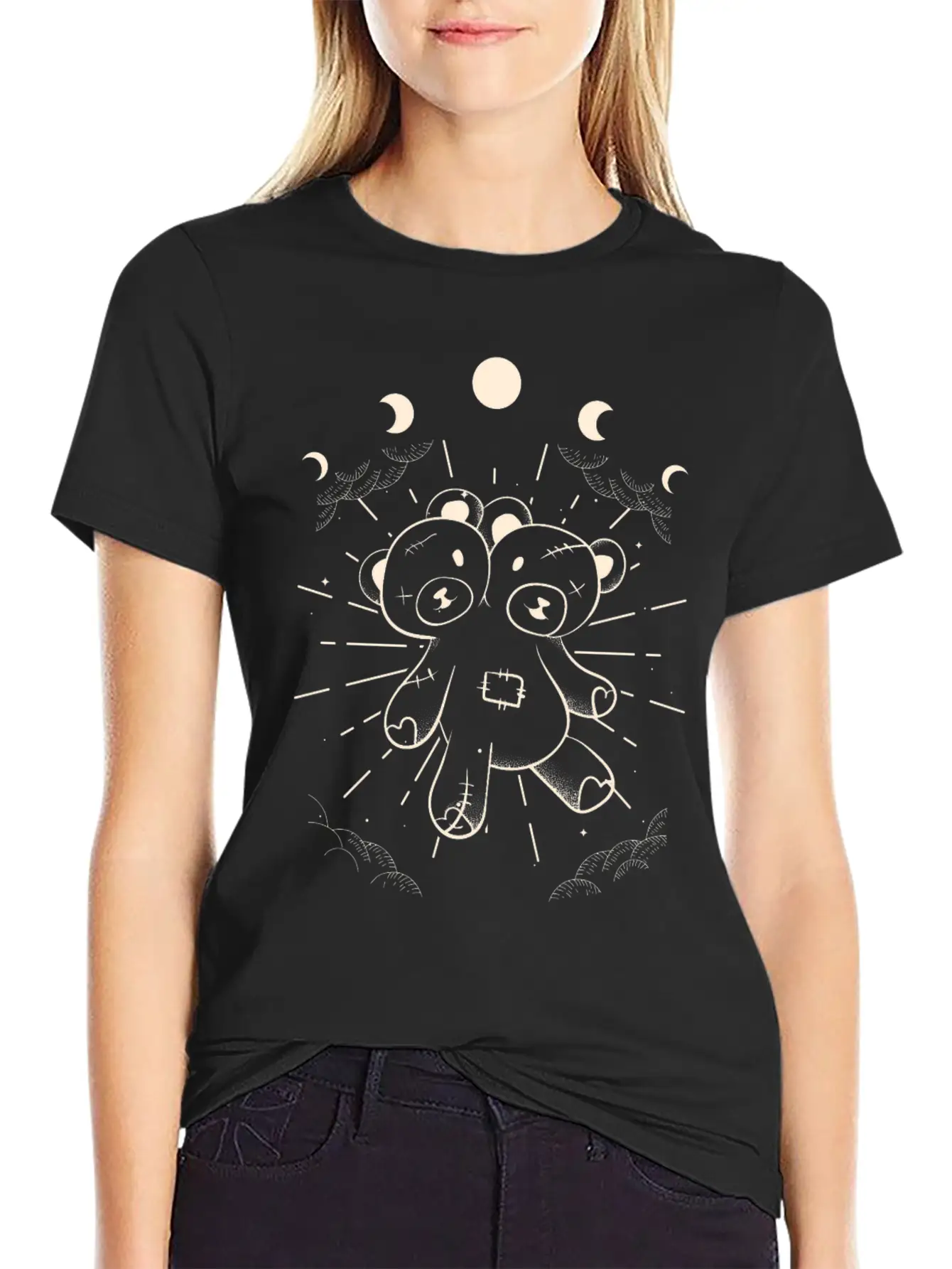 Kawaii Bear Moon Phases Gothic Two Headed Bear Unisex Short Sleeve Soft Cotton T-Shirt – Casual Everyday Wear