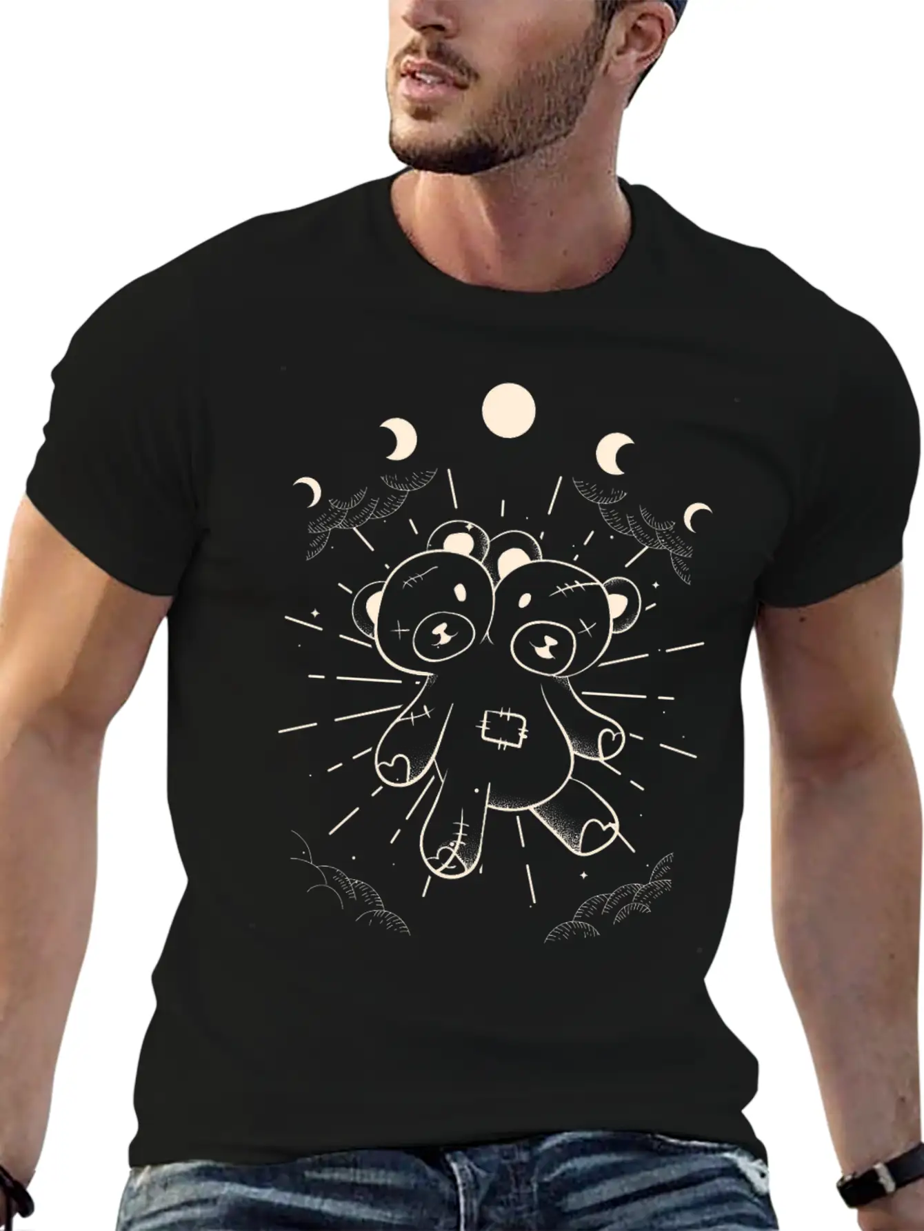 Kawaii Bear Moon Phases Gothic Two Headed Bear Unisex Short Sleeve Soft Cotton T-Shirt – Casual Everyday Wear