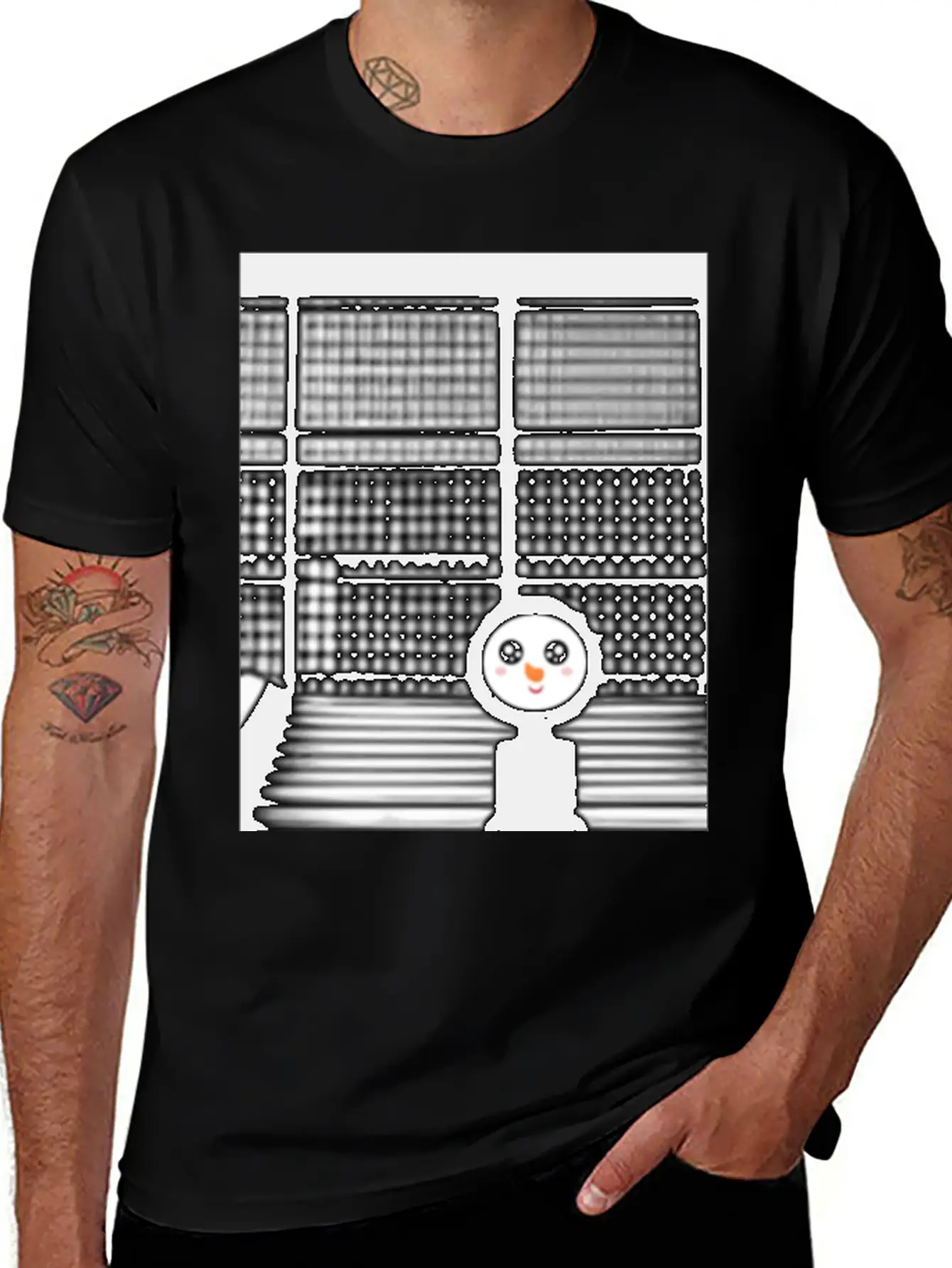 Kawaii Happy Snowman In Hoodie Standing On Steps Unisex Short Sleeve Soft Cotton T-Shirt – Casual Everyday Wear