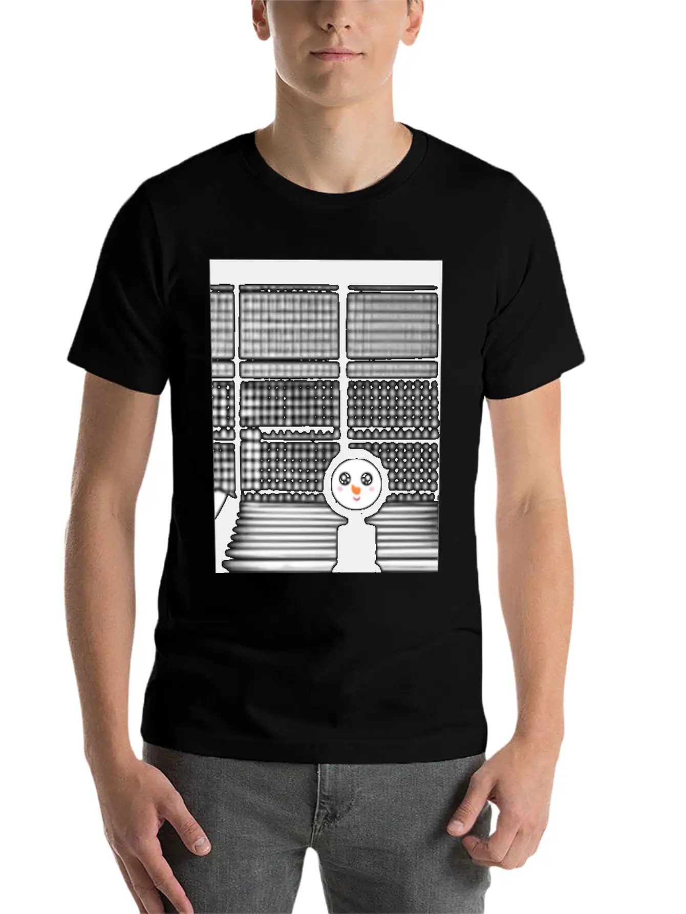 Kawaii Happy Snowman In Hoodie Standing On Steps Unisex Short Sleeve Soft Cotton T-Shirt – Casual Everyday Wear