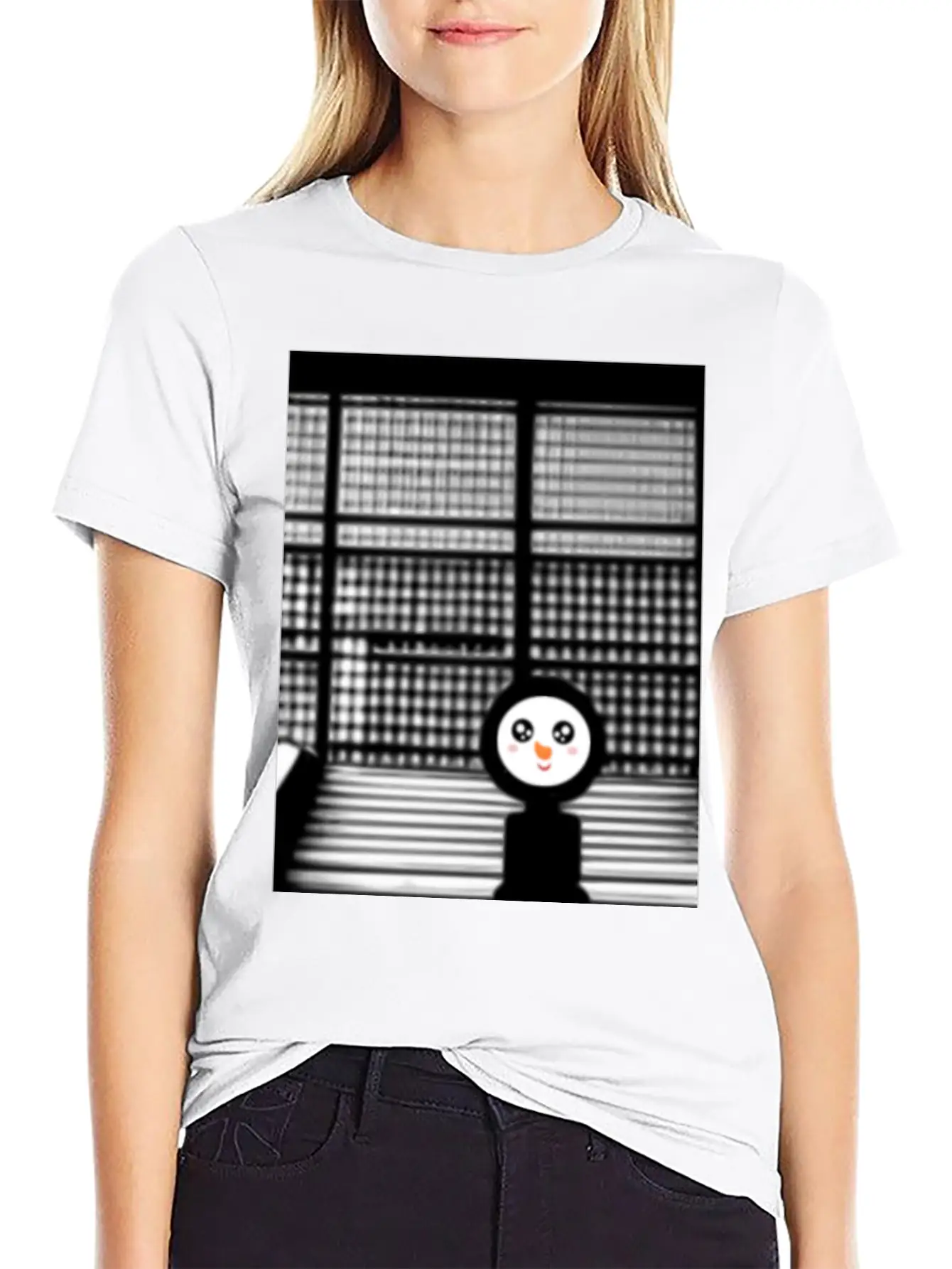 Kawaii Happy Snowman In Hoodie Standing On Steps Unisex Short Sleeve Soft Cotton T-Shirt – Casual Everyday Wear
