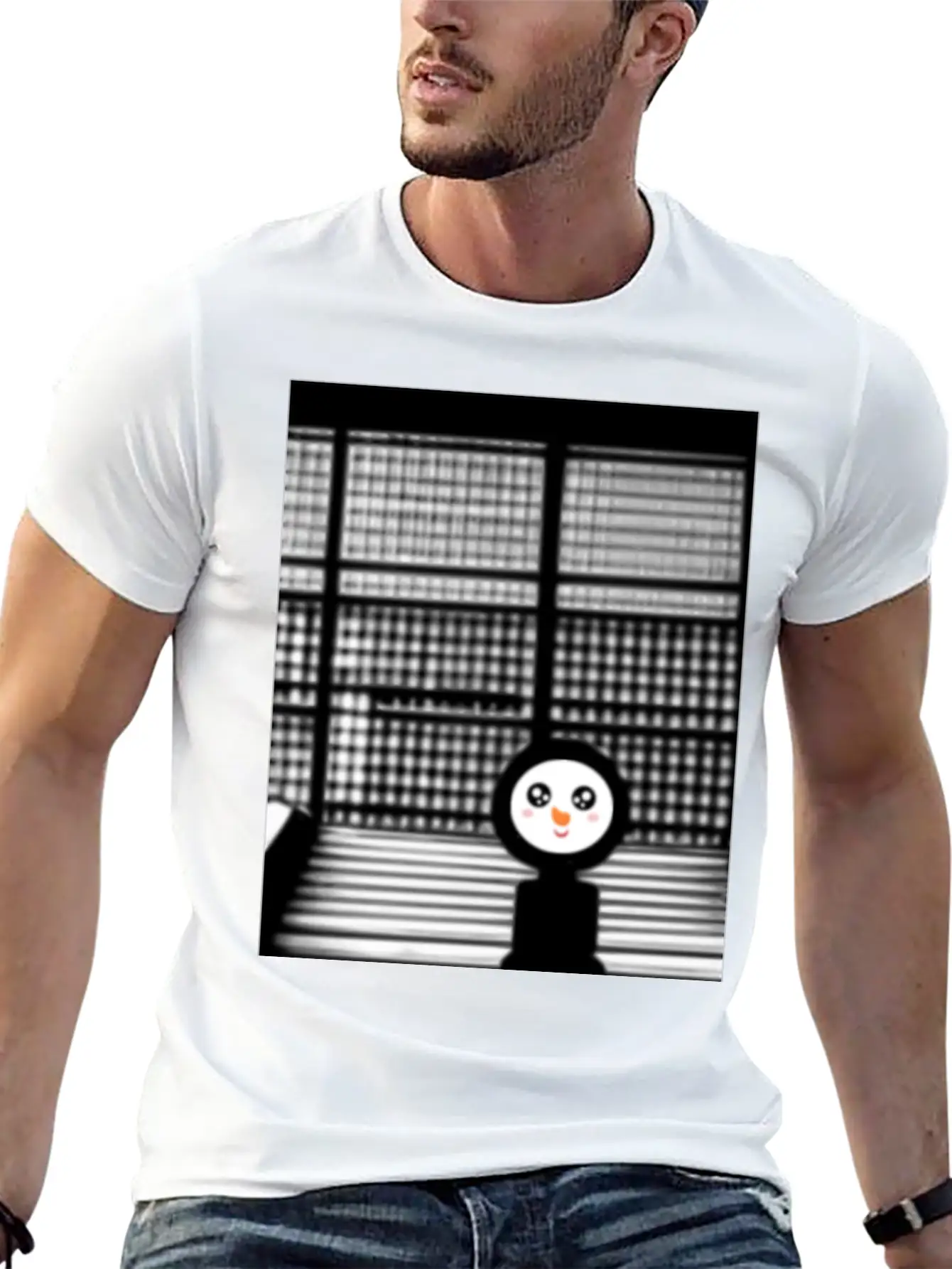 Kawaii Happy Snowman In Hoodie Standing On Steps Unisex Short Sleeve Soft Cotton T-Shirt – Casual Everyday Wear