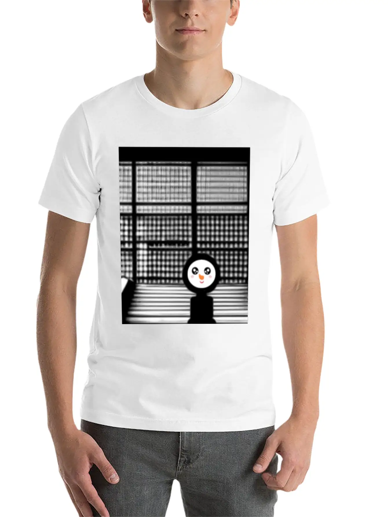 Kawaii Happy Snowman In Hoodie Standing On Steps Unisex Short Sleeve Soft Cotton T-Shirt – Casual Everyday Wear