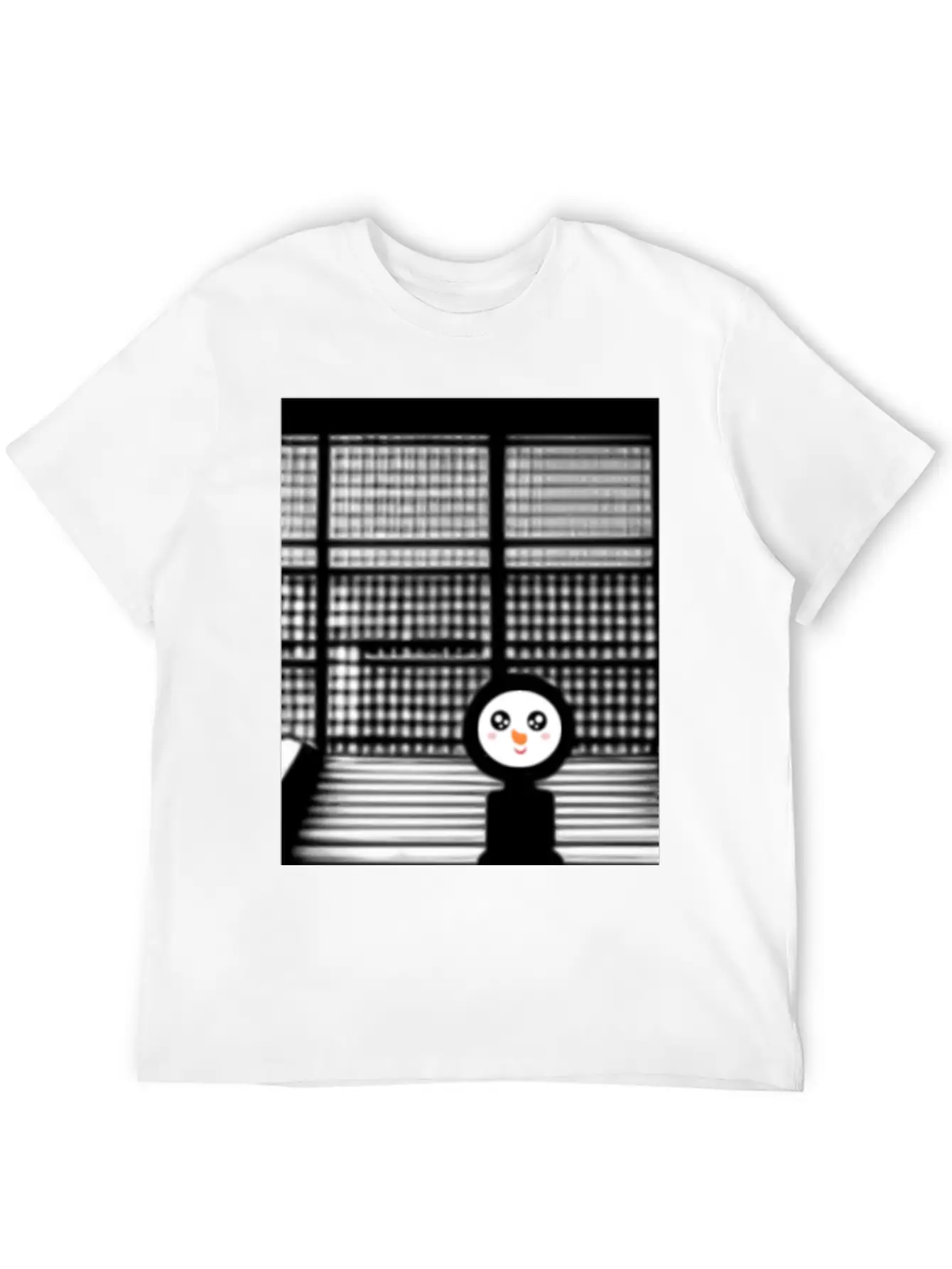 Kawaii Happy Snowman In Hoodie Standing On Steps Unisex Short Sleeve Soft Cotton T-Shirt – Casual Everyday Wear