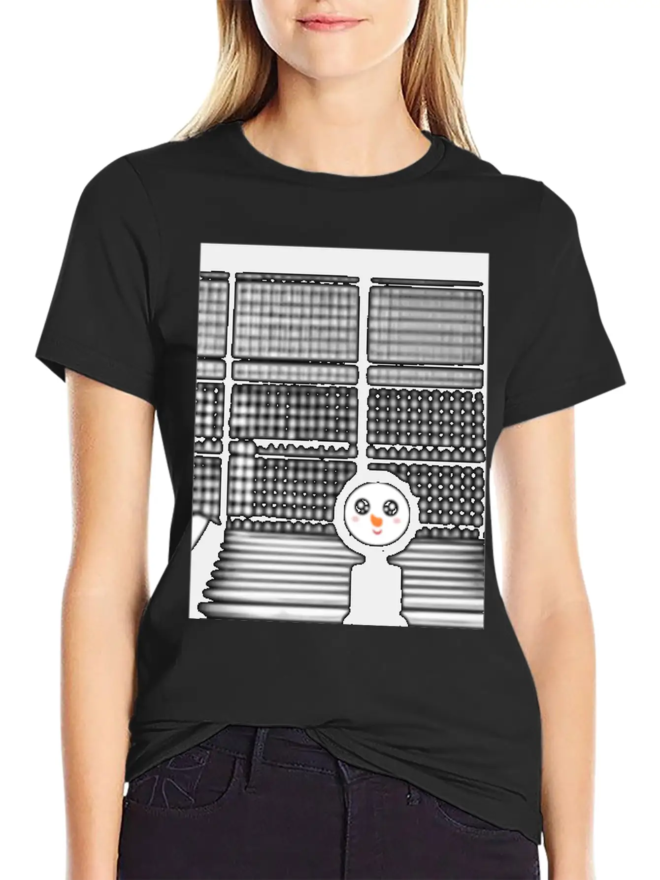 Kawaii Happy Snowman In Hoodie Standing On Steps Unisex Short Sleeve Soft Cotton T-Shirt – Casual Everyday Wear