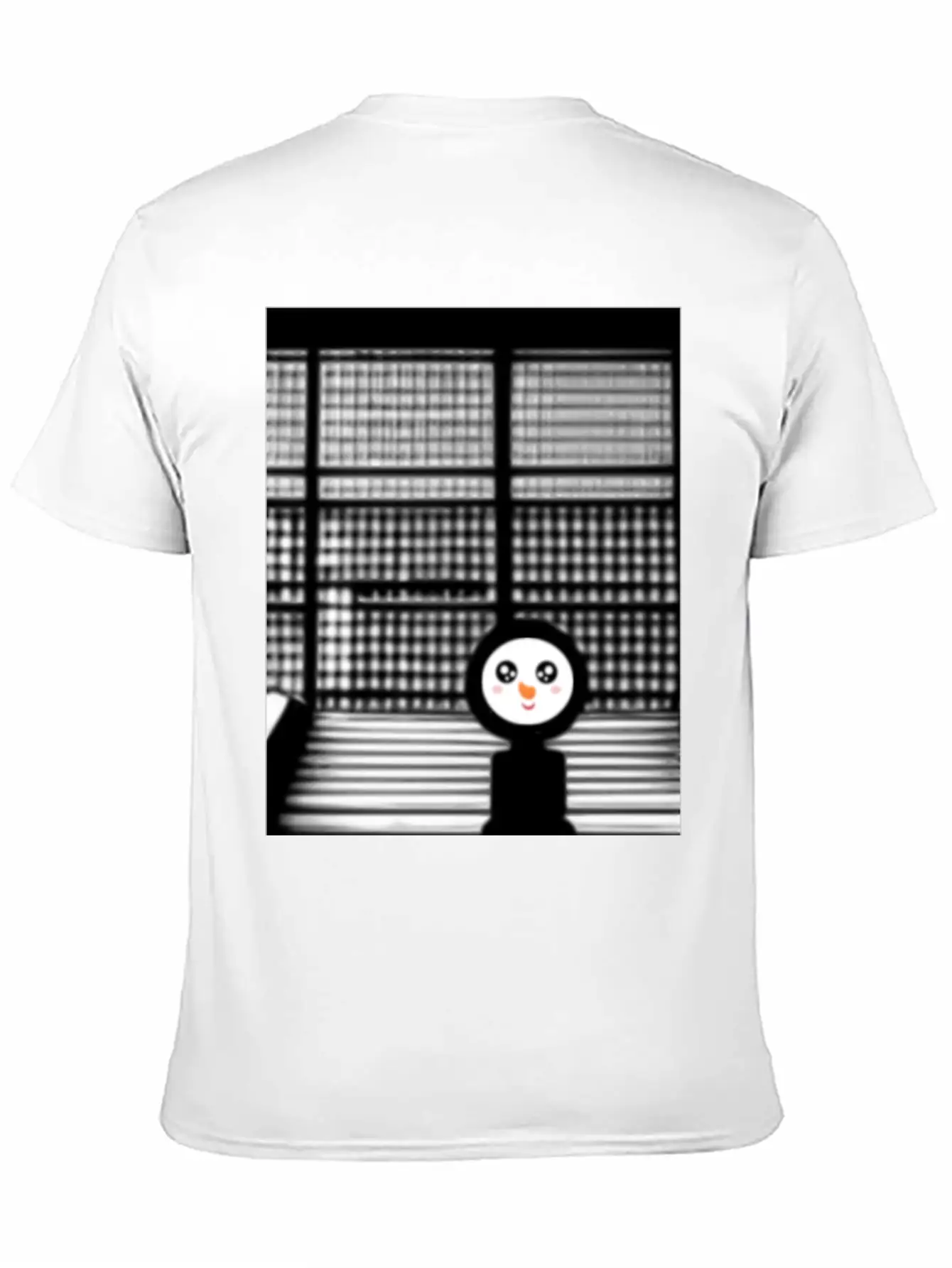 Kawaii Happy Snowman In Hoodie Standing On Steps Unisex Short Sleeve Soft Cotton T-Shirt – Casual Everyday Wear
