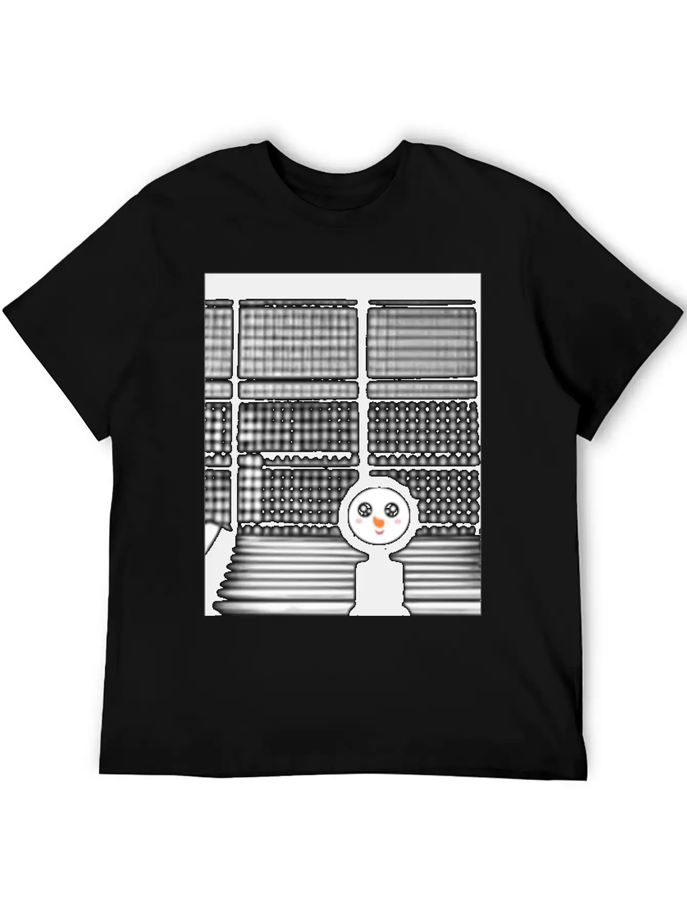 Kawaii Happy Snowman In Hoodie Standing On Steps Unisex Short Sleeve Soft Cotton T-Shirt – Casual Everyday Wear