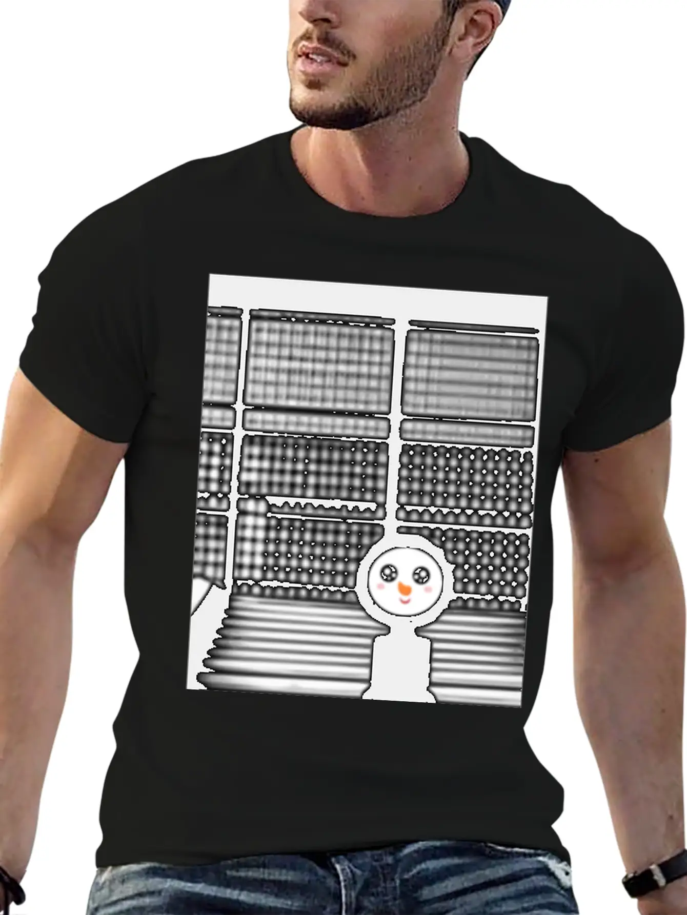 Kawaii Happy Snowman In Hoodie Standing On Steps Unisex Short Sleeve Soft Cotton T-Shirt – Casual Everyday Wear
