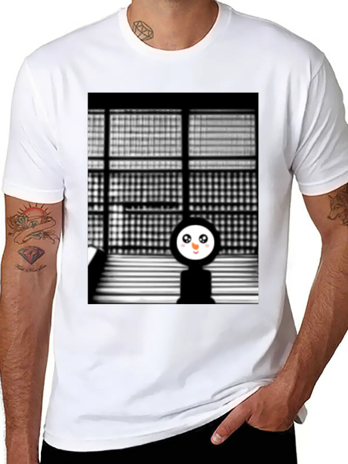 Kawaii Happy Snowman In Hoodie Standing On Steps Unisex Short Sleeve Soft Cotton T-Shirt – Casual Everyday Wear