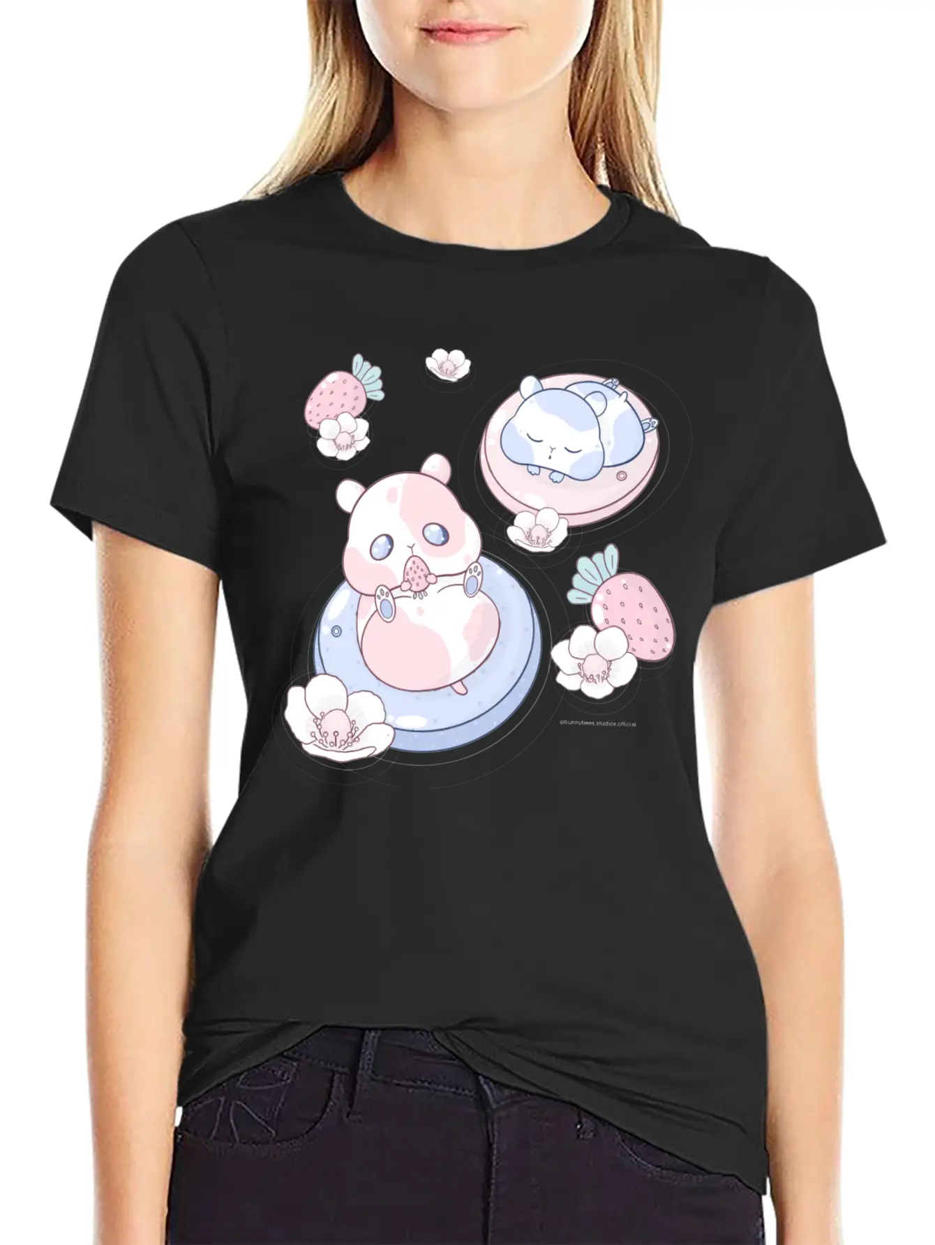 Kawaii Strawberry Hamsters Unisex Short Sleeve Soft Cotton T-Shirt – Casual Everyday Wear