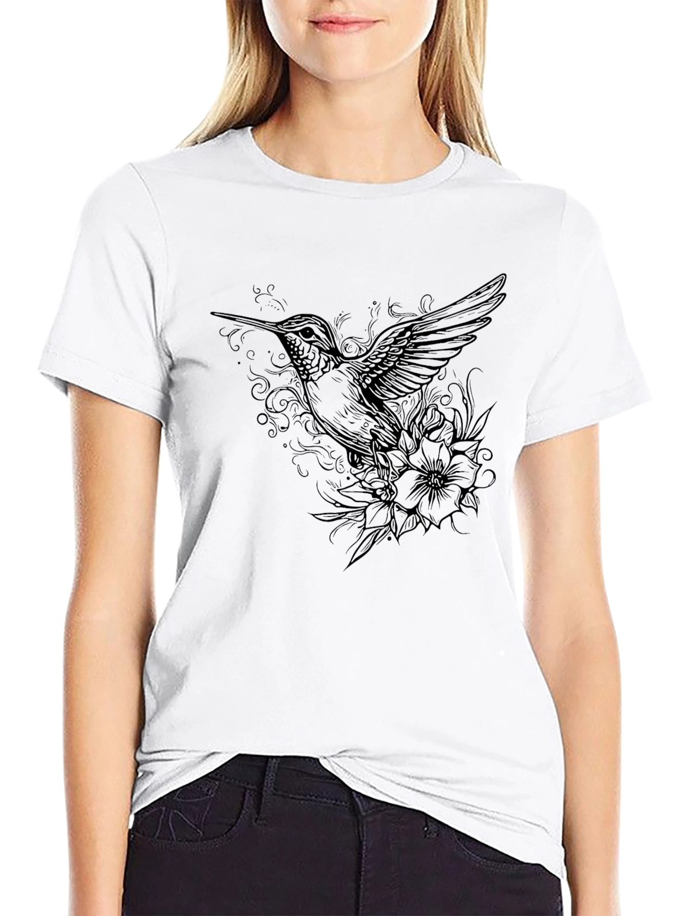 Hummingbird Floral Graphic Print Tee - Black