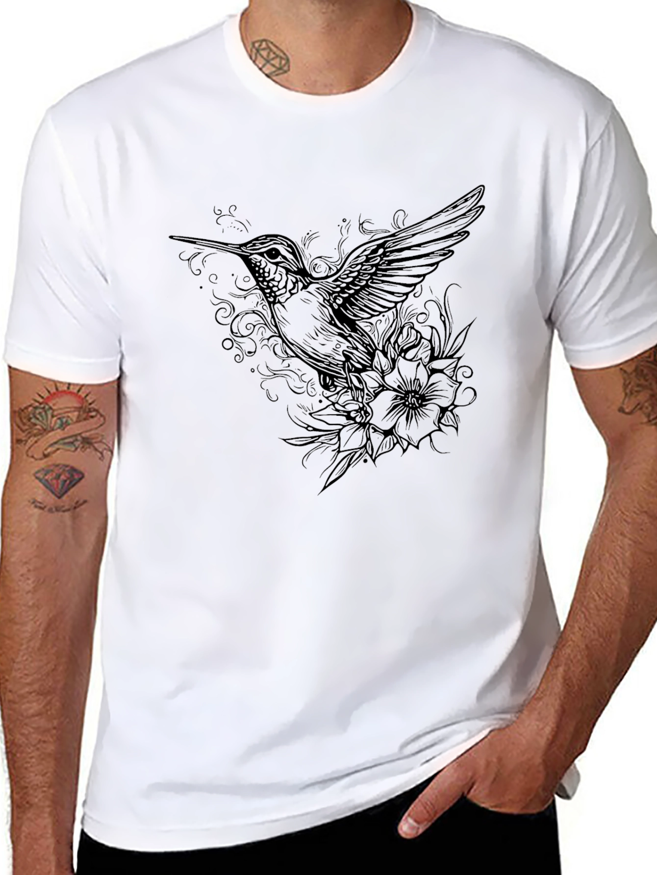 Hummingbird Floral Graphic Print Tee - Black