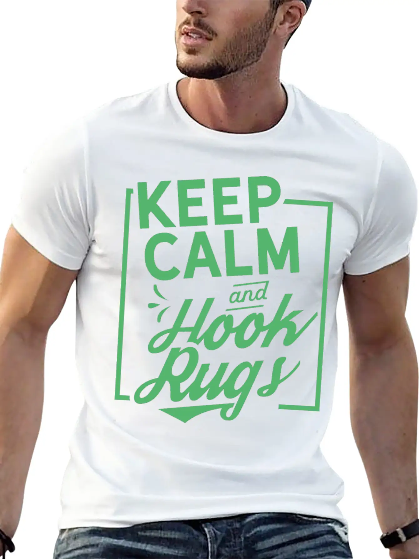 Keep Calm And Hook Rugs Rug Hooking Crochet Stylish Everyday T-Shirt – Unisex Basic Cotton Tee