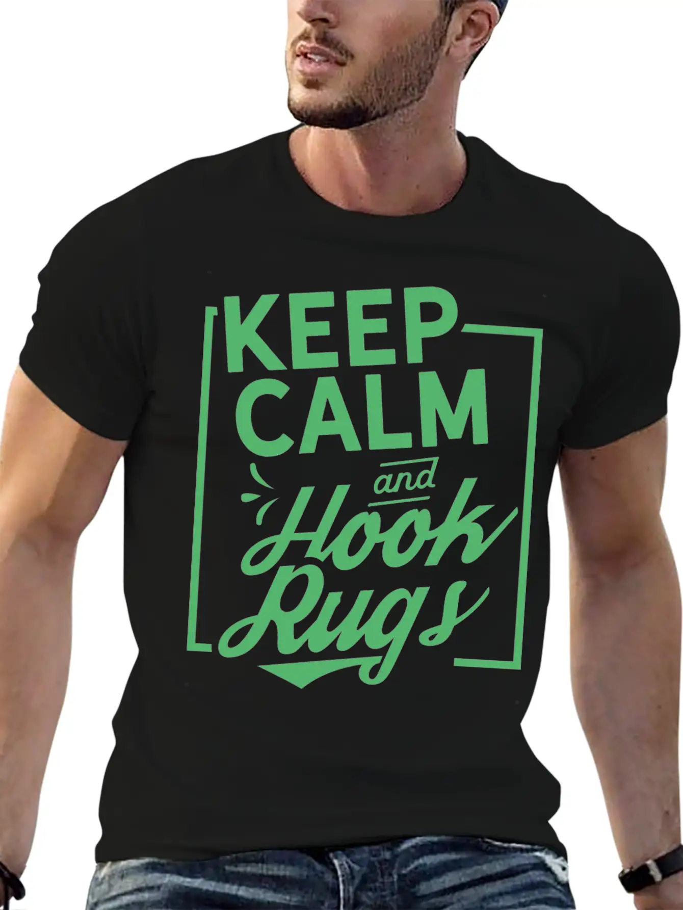 Keep Calm And Hook Rugs Rug Hooking Crochet Stylish Everyday T-Shirt – Unisex Basic Cotton Tee