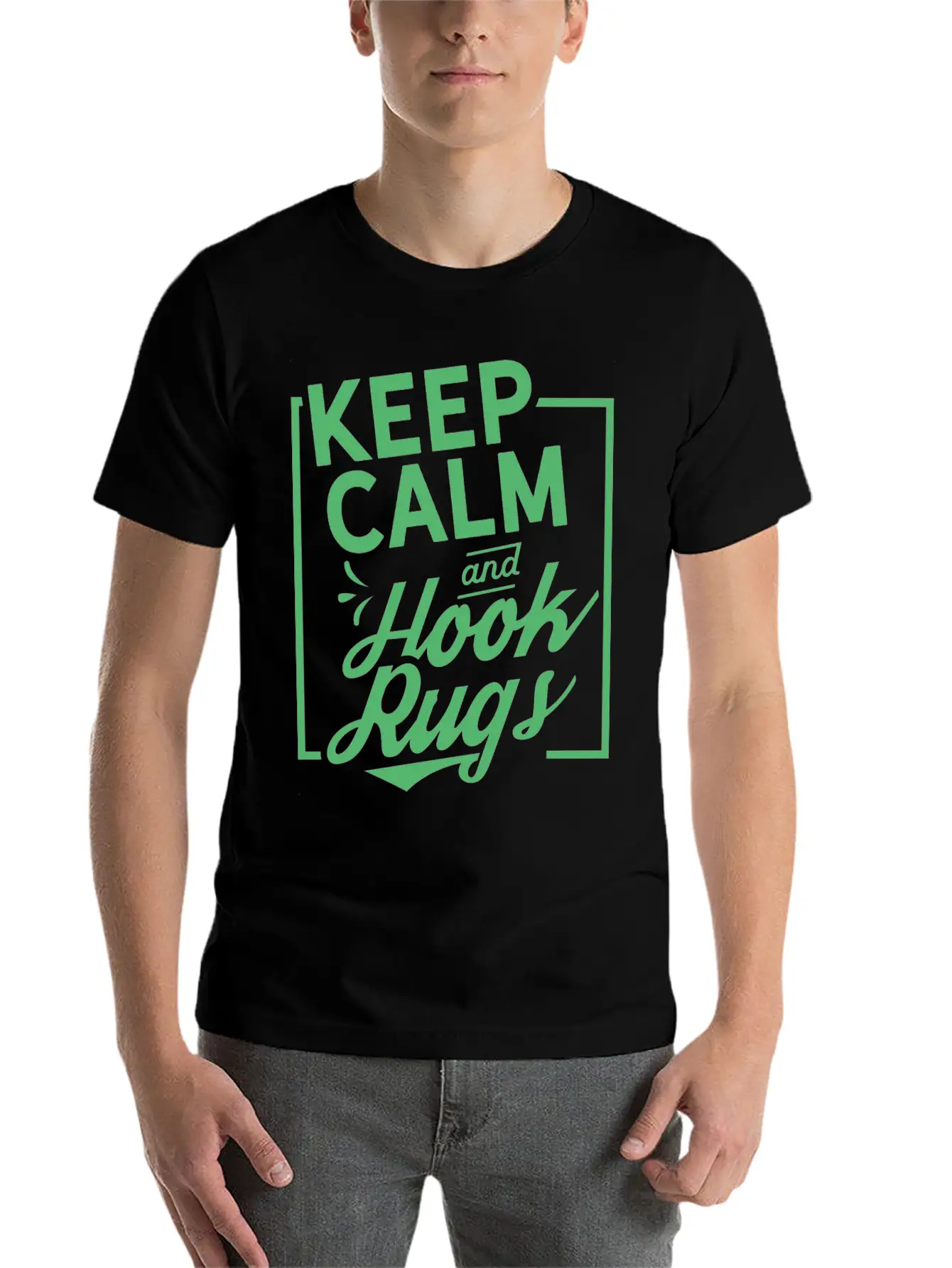 Keep Calm And Hook Rugs Rug Hooking Crochet Stylish Everyday T-Shirt – Unisex Basic Cotton Tee