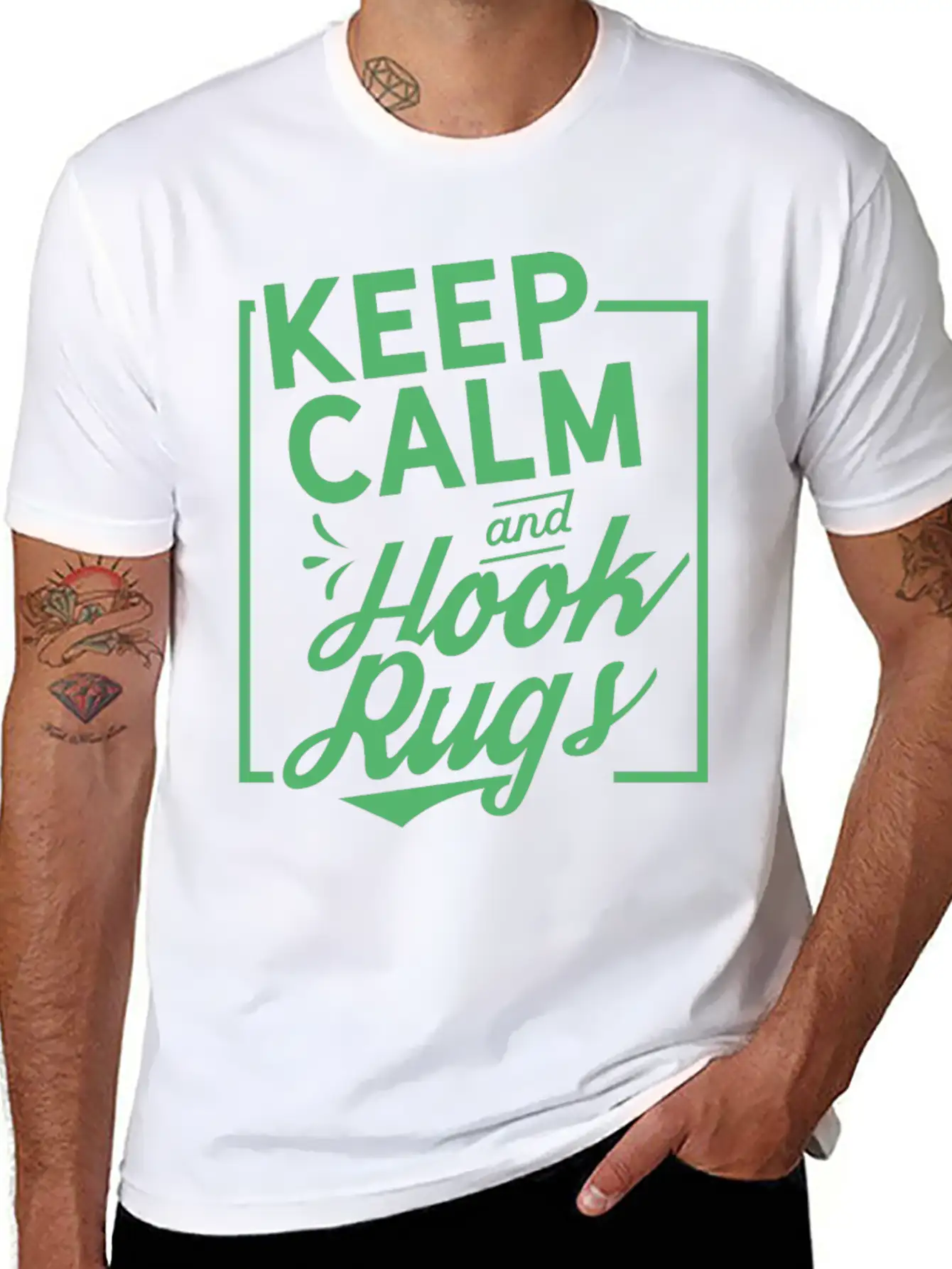 Keep Calm And Hook Rugs Rug Hooking Crochet Stylish Everyday T-Shirt – Unisex Basic Cotton Tee