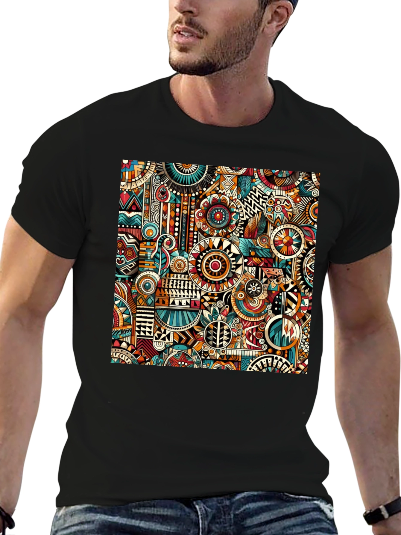 Abstract Tribal Print Mens Black T-Shirt