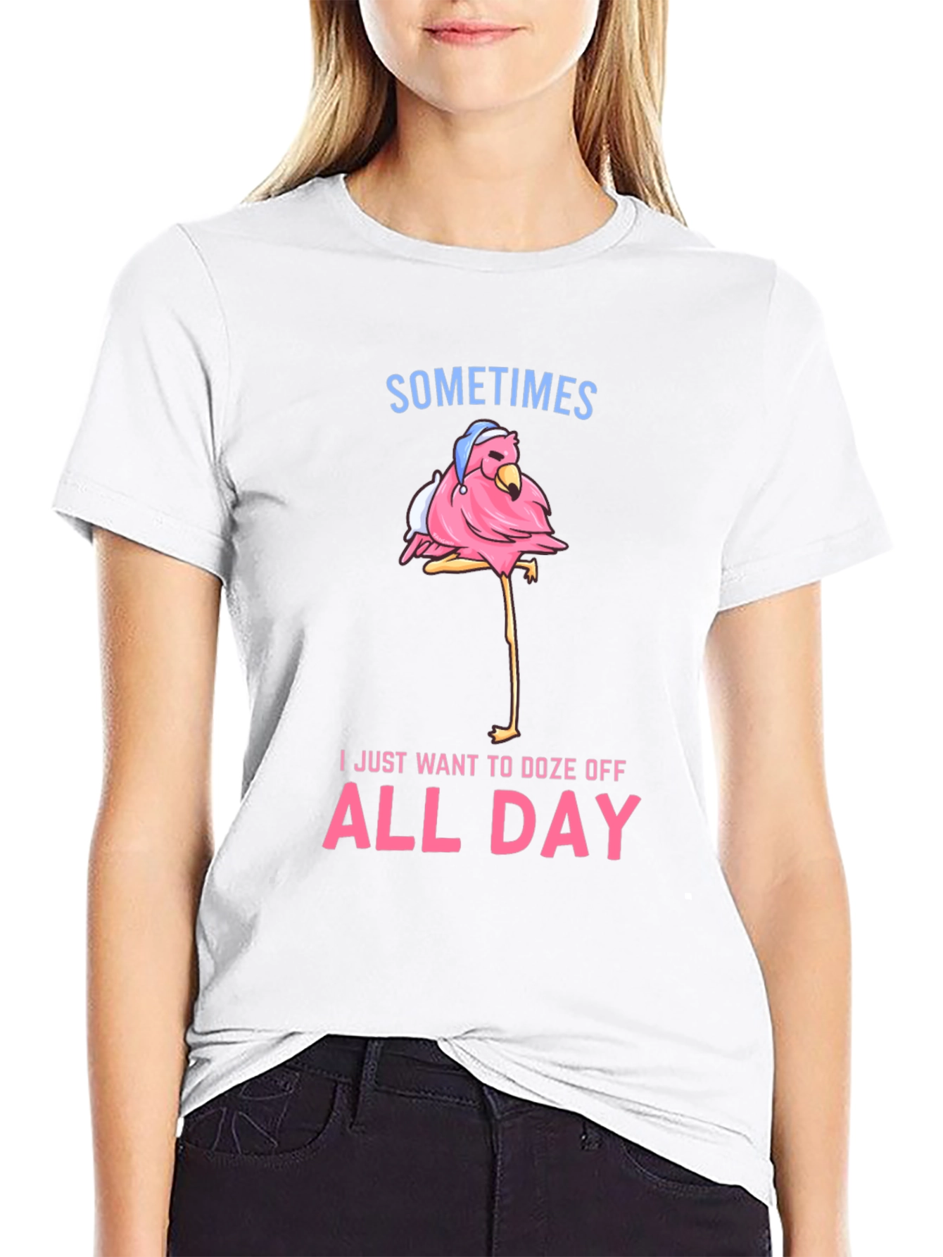 Funny Flamingo Doze Off All Day Graphic Tee