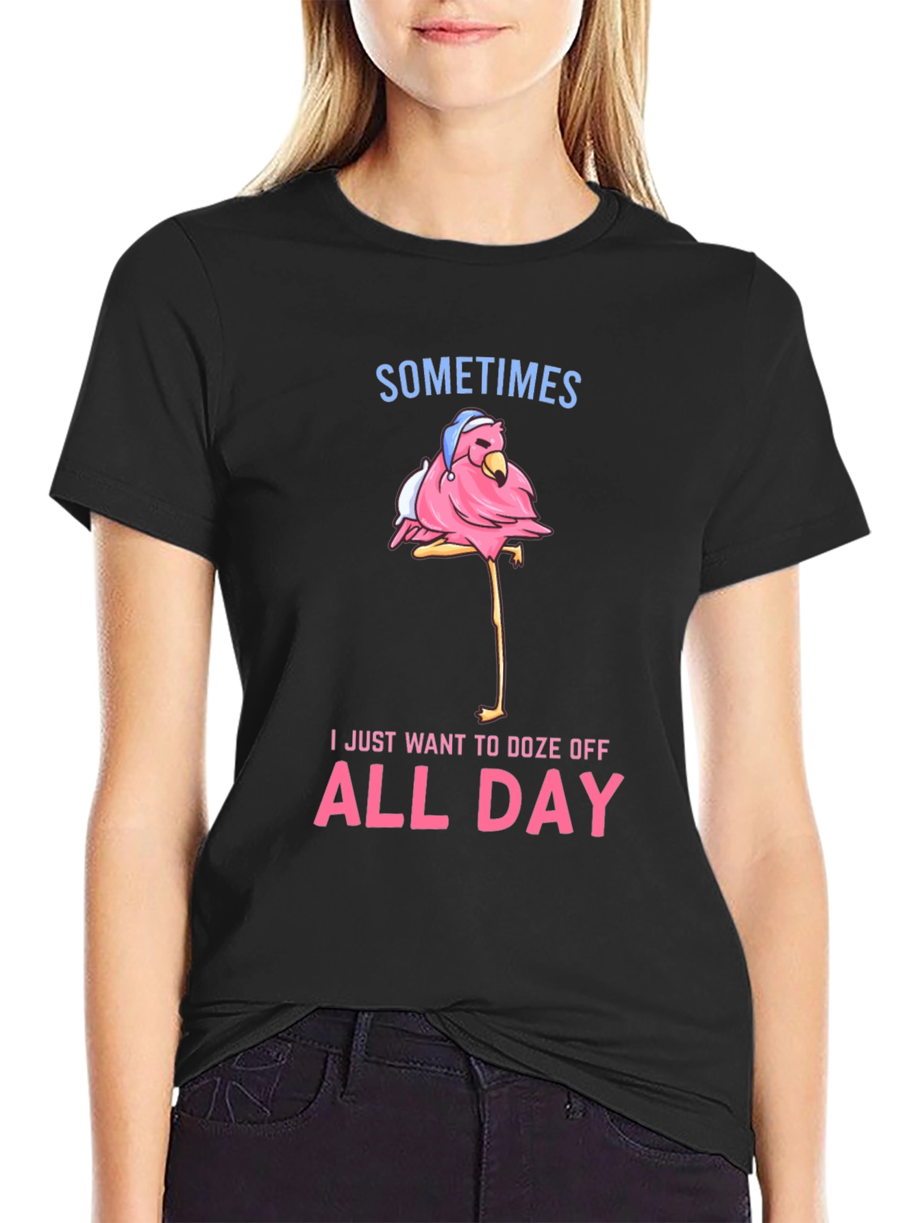 Funny Flamingo Doze Off All Day Graphic Tee