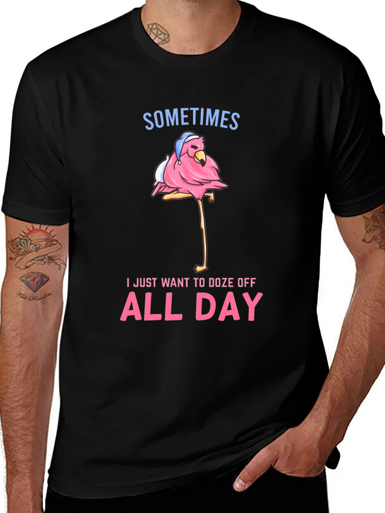 Funny Flamingo Doze Off All Day Graphic Tee