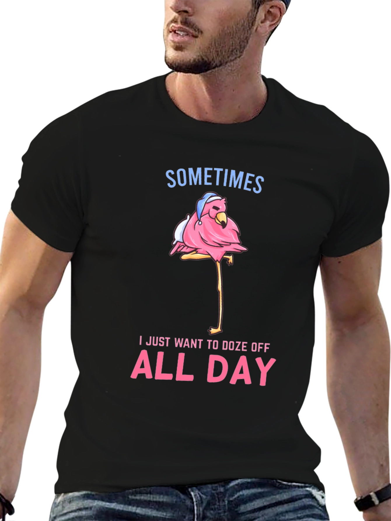 Funny Flamingo Doze Off All Day Graphic Tee