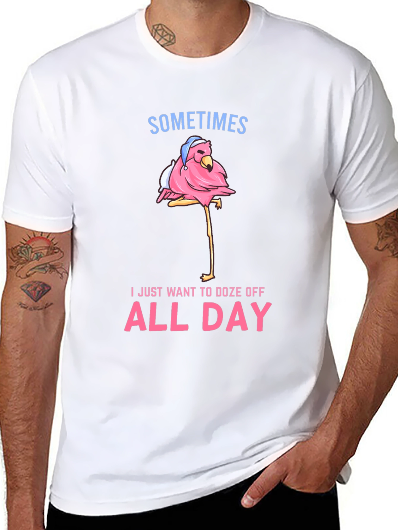 Funny Flamingo Doze Off All Day Graphic Tee