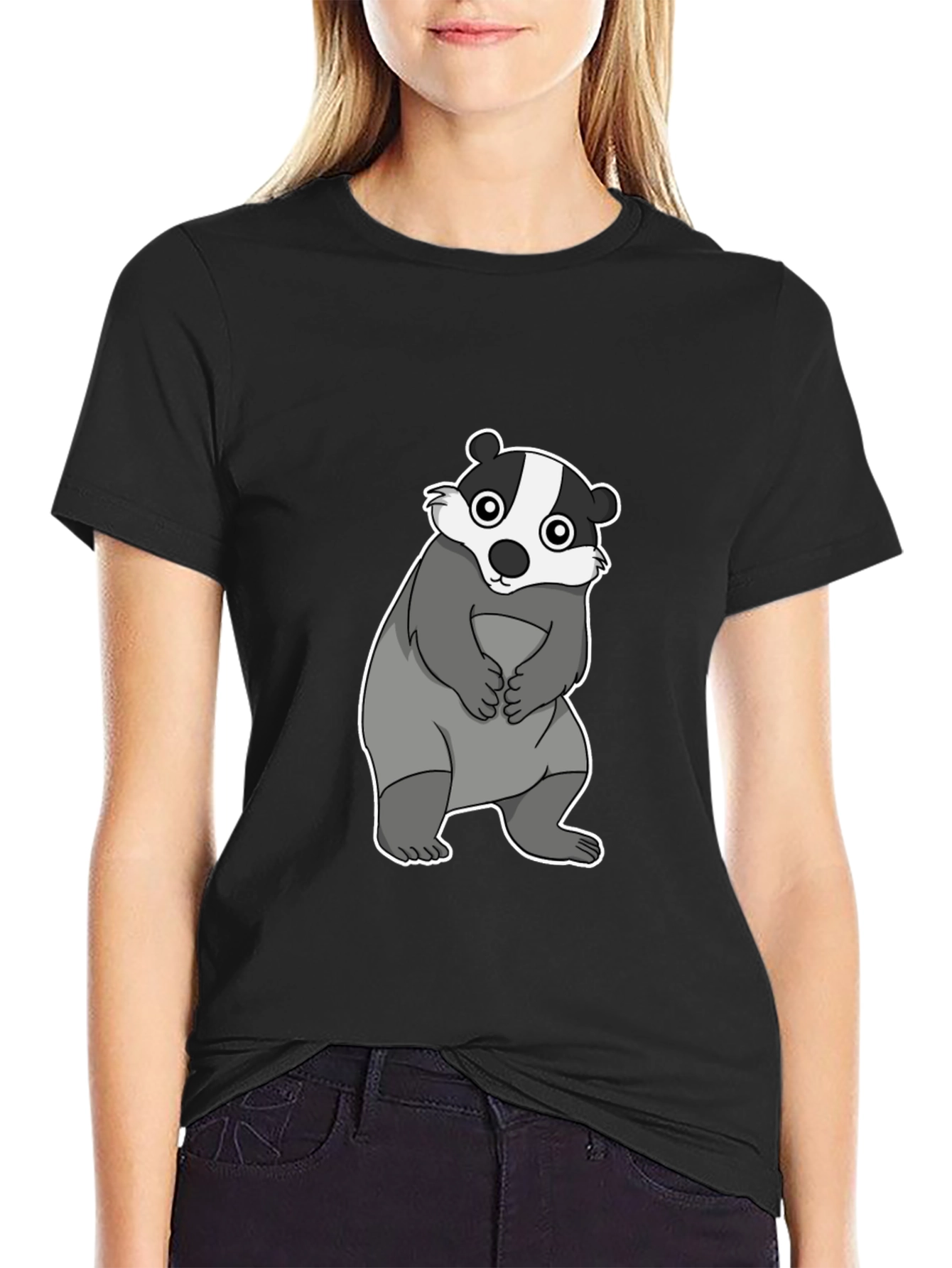 Cartoon Badger Graphic Black T-Shirt