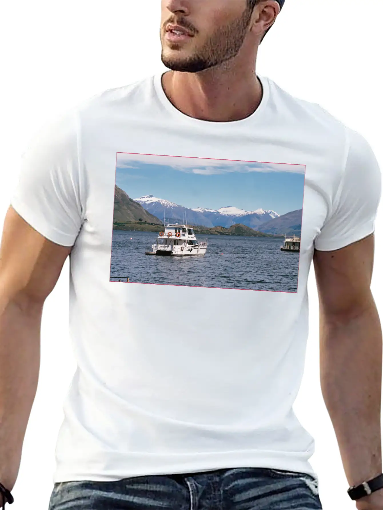 Lake Wanaka And Boat And Snowy Mountains Unisex Casual T-Shirt – Clean Design For Daily Comfort