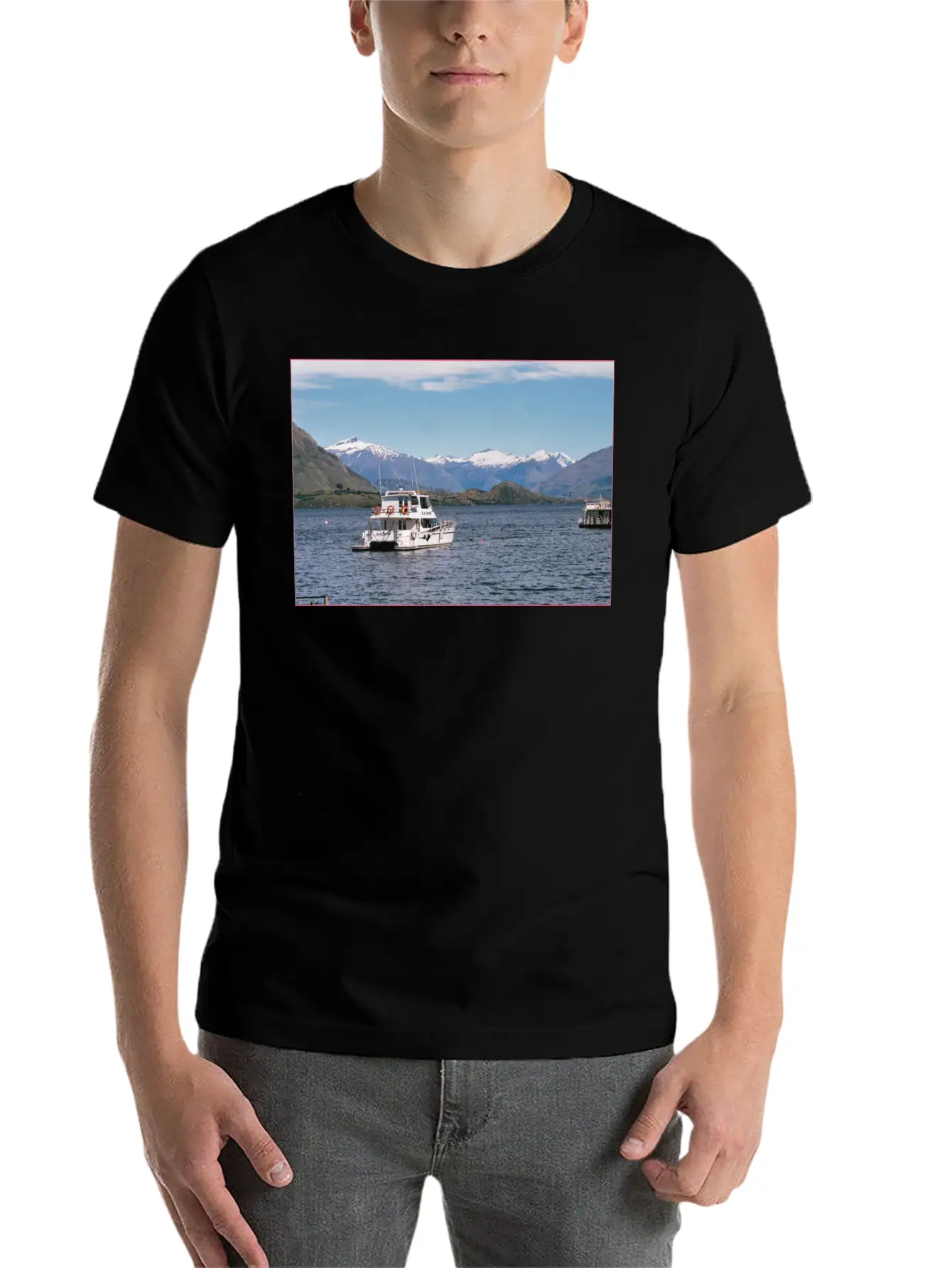 Lake Wanaka And Boat And Snowy Mountains Unisex Casual T-Shirt – Clean Design For Daily Comfort