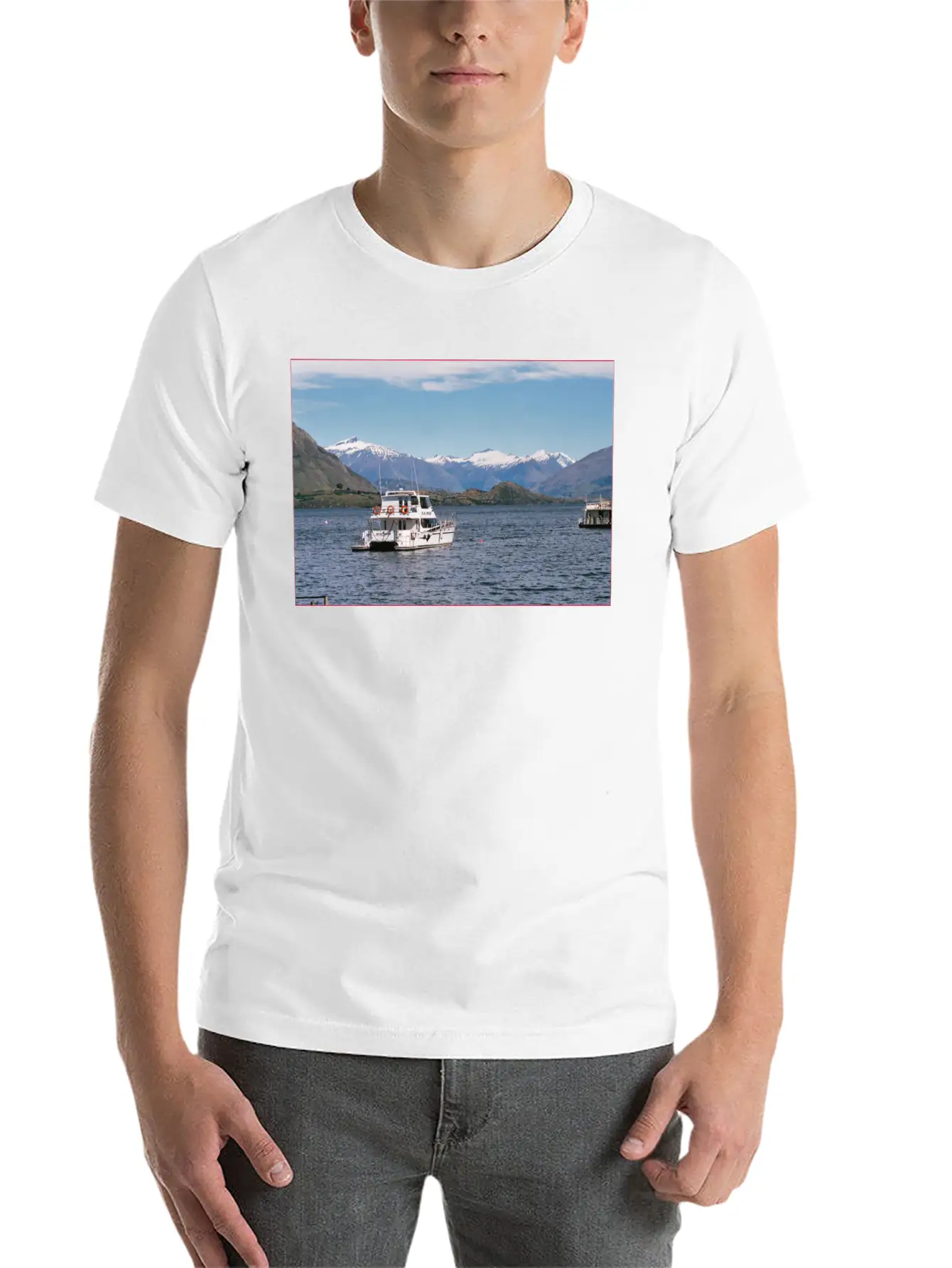Lake Wanaka And Boat And Snowy Mountains Unisex Casual T-Shirt – Clean Design For Daily Comfort