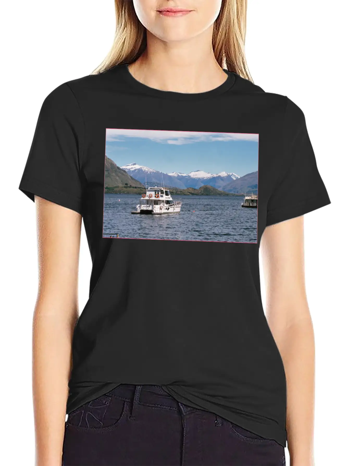 Lake Wanaka And Boat And Snowy Mountains Unisex Casual T-Shirt – Clean Design For Daily Comfort