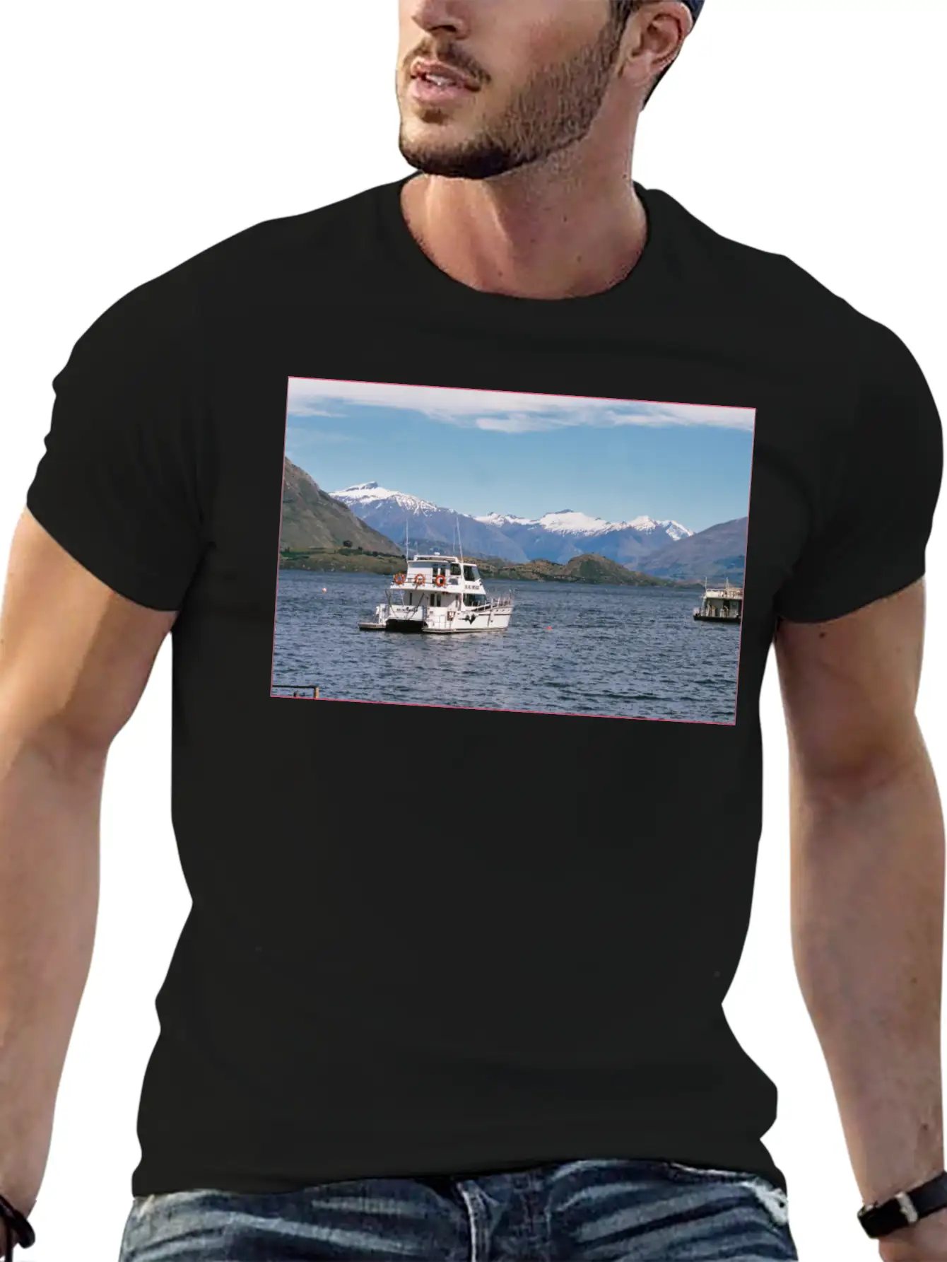 Lake Wanaka And Boat And Snowy Mountains Unisex Casual T-Shirt – Clean Design For Daily Comfort