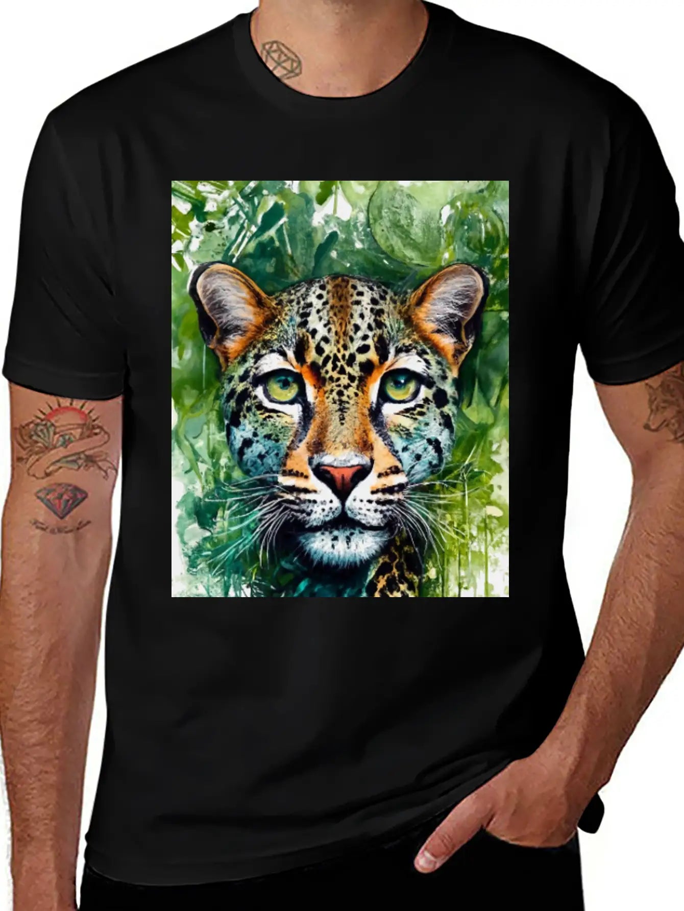 Leopard Ink Painting With Green Background Unisex Short Sleeve Soft Cotton T-Shirt – Casual Everyday Wear