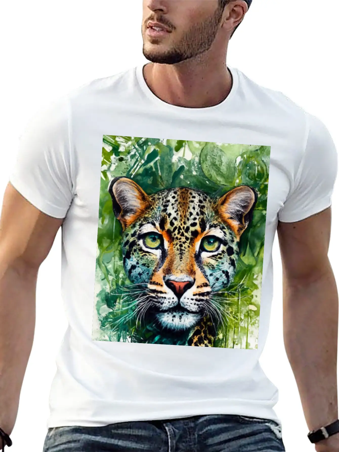 Leopard Ink Painting With Green Background Unisex Short Sleeve Soft Cotton T-Shirt – Casual Everyday Wear