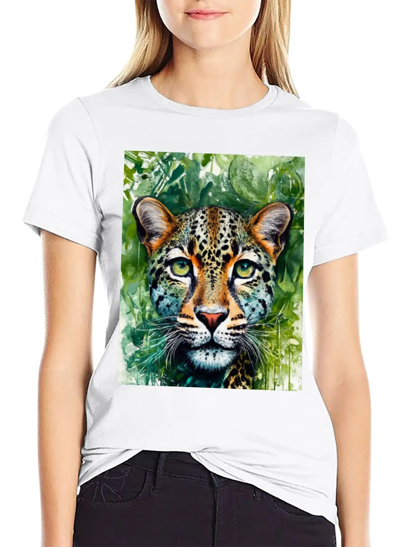 Leopard Ink Painting With Green Background Unisex Short Sleeve Soft Cotton T-Shirt – Casual Everyday Wear