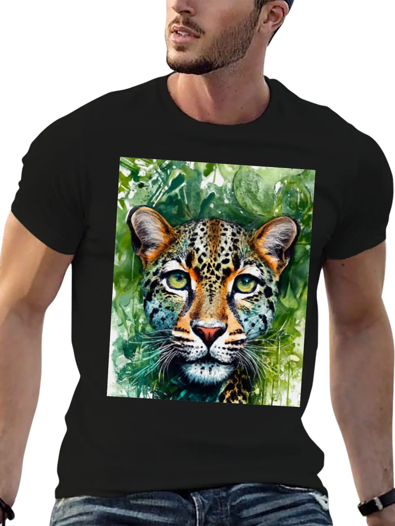 Leopard Ink Painting With Green Background Unisex Short Sleeve Soft Cotton T-Shirt – Casual Everyday Wear