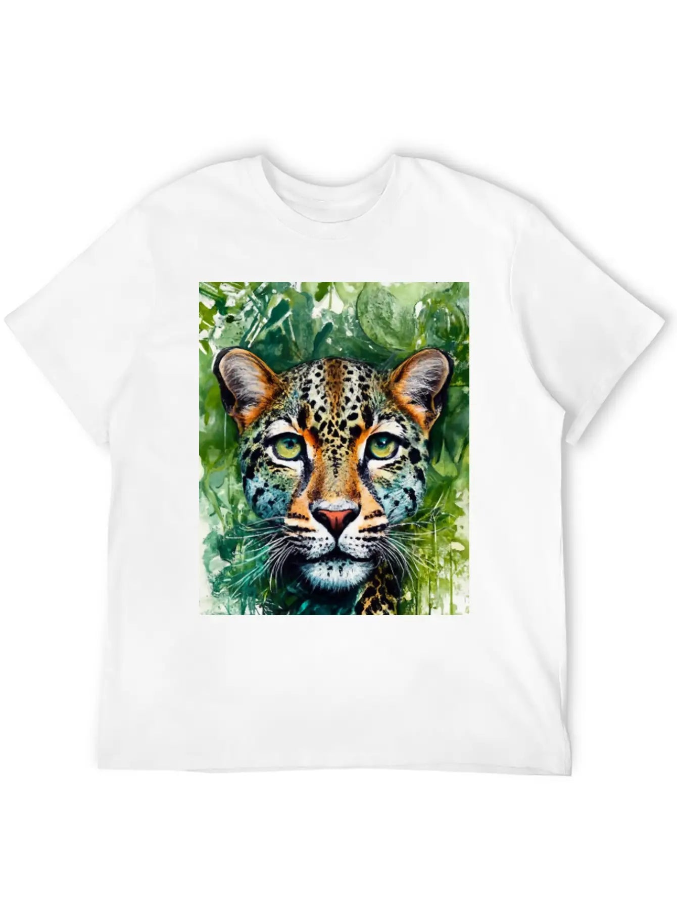 Leopard Ink Painting With Green Background Unisex Short Sleeve Soft Cotton T-Shirt – Casual Everyday Wear