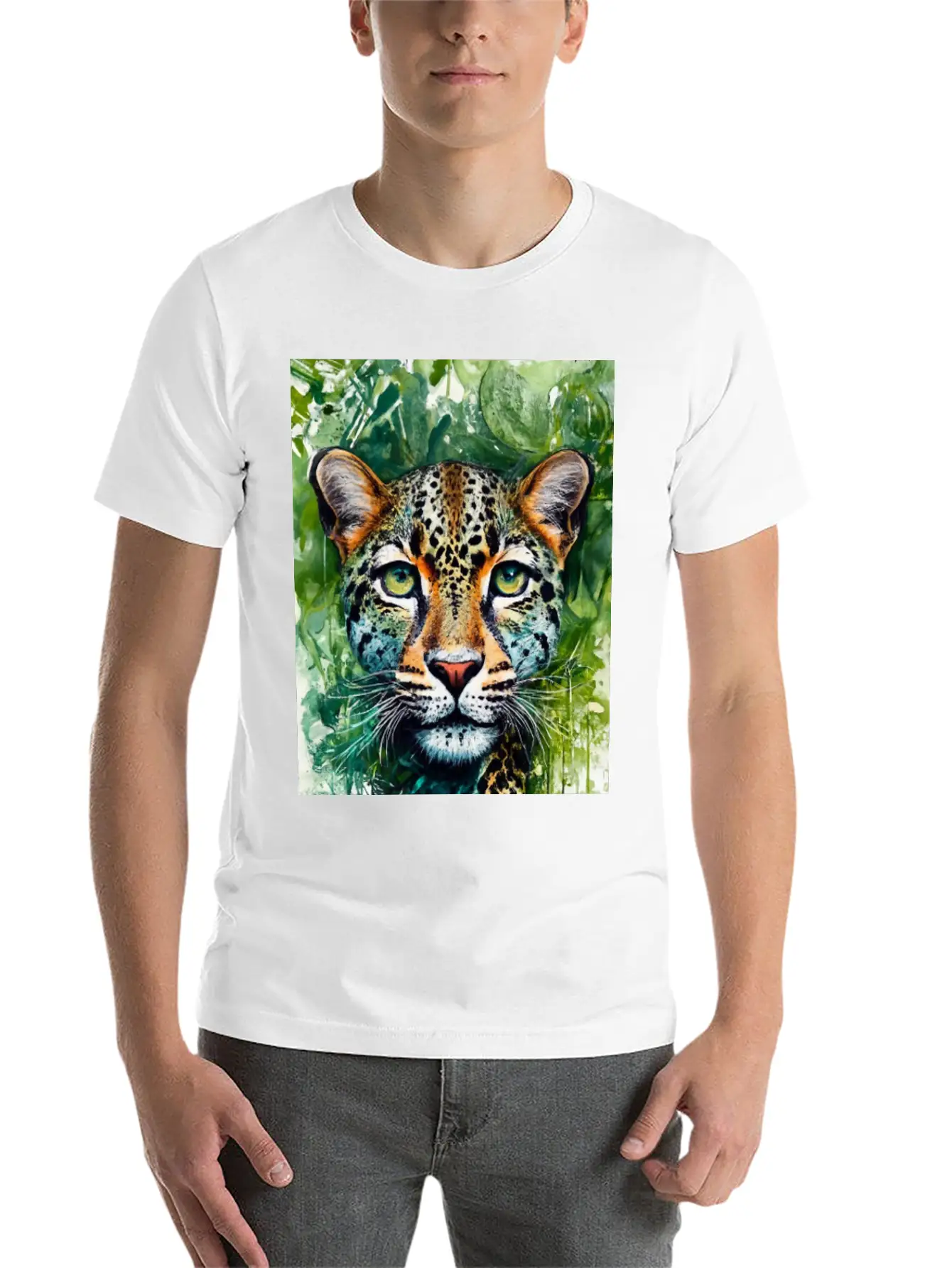 Leopard Ink Painting With Green Background Unisex Short Sleeve Soft Cotton T-Shirt – Casual Everyday Wear